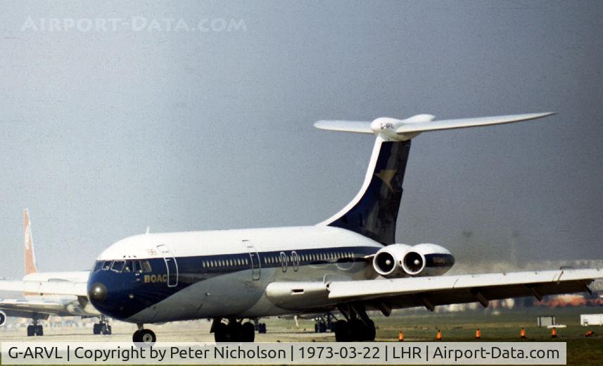 G-ARVL, 1964 Vickers VC10 Srs 1101 C/N 814, BOAC VC.10 joining the active runway at Heathrow in the Spring of 1973