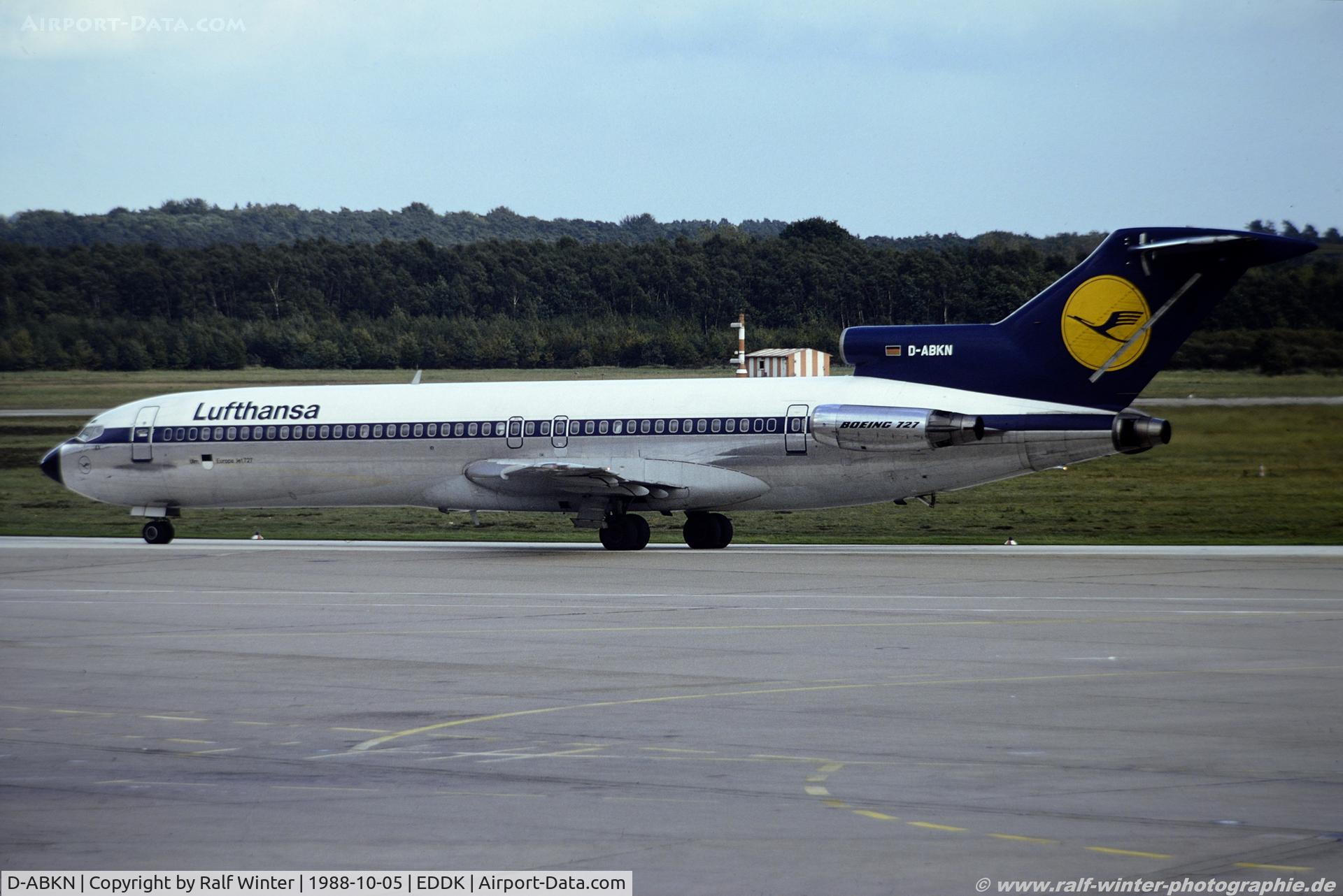 D-ABKN, 1978 Boeing 727-230 C/N 21618, Boeing 727-230 - LH DLH Lufthansa 'Ulm' - 21618 - D-ABKN - 05.10.1988 - CGN