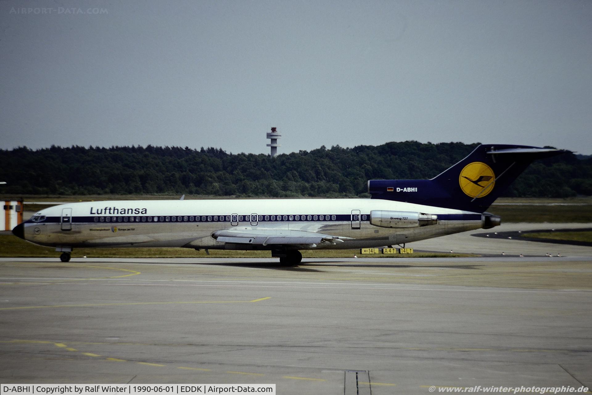 D-ABHI, 1972 Boeing 727-230 C/N 20560, Boeing 727-230 - LH Lufthansa 'Mönchengladbach' - D-ABHI - 01.06.1990 - CGN