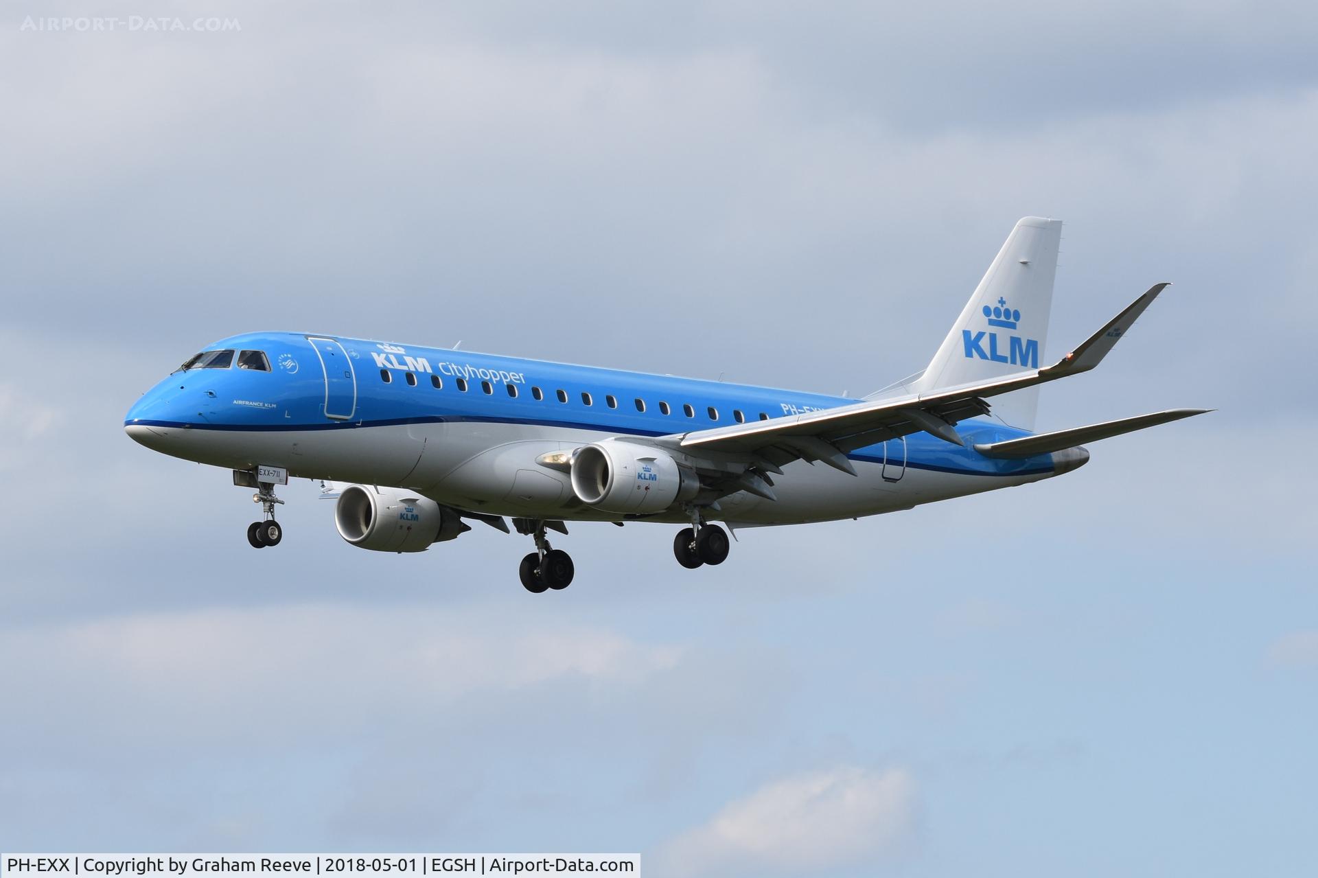 PH-EXX, 2018 Embraer 175STD (ERJ-170-200) C/N 17000711, Landing at Norwich.