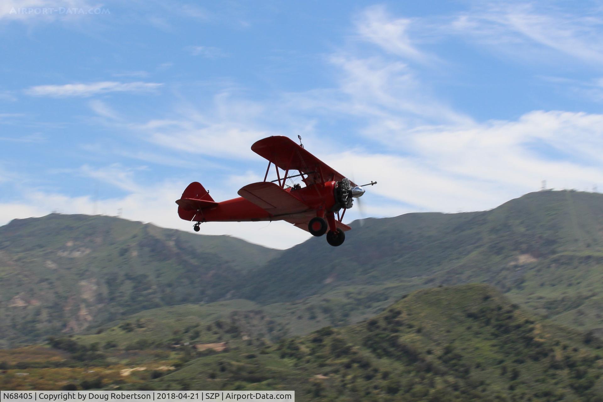 N68405, 1943 Boeing A75N1(PT17) C/N 75-7759, 1943 Boeing Stearman A75N1 (PT-17), P&W R985 450 Hp Wasp Jr. radial upgrade, takeoff climb Rwy 22