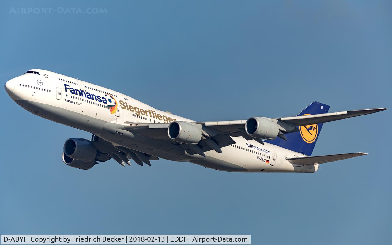 D-ABYI, 2013 Boeing 747-830 C/N 37833, departure via RW25C