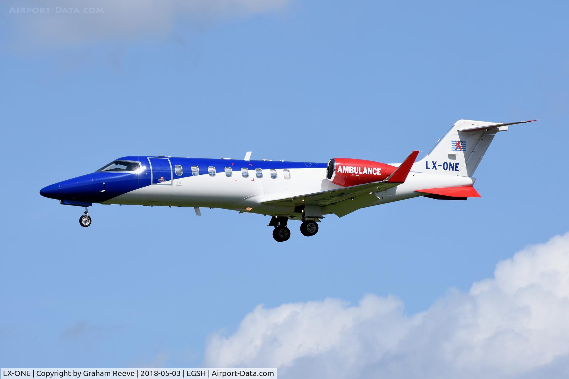 LX-ONE, 2007 Learjet 45 C/N 45-342, Landing at Norwich.
