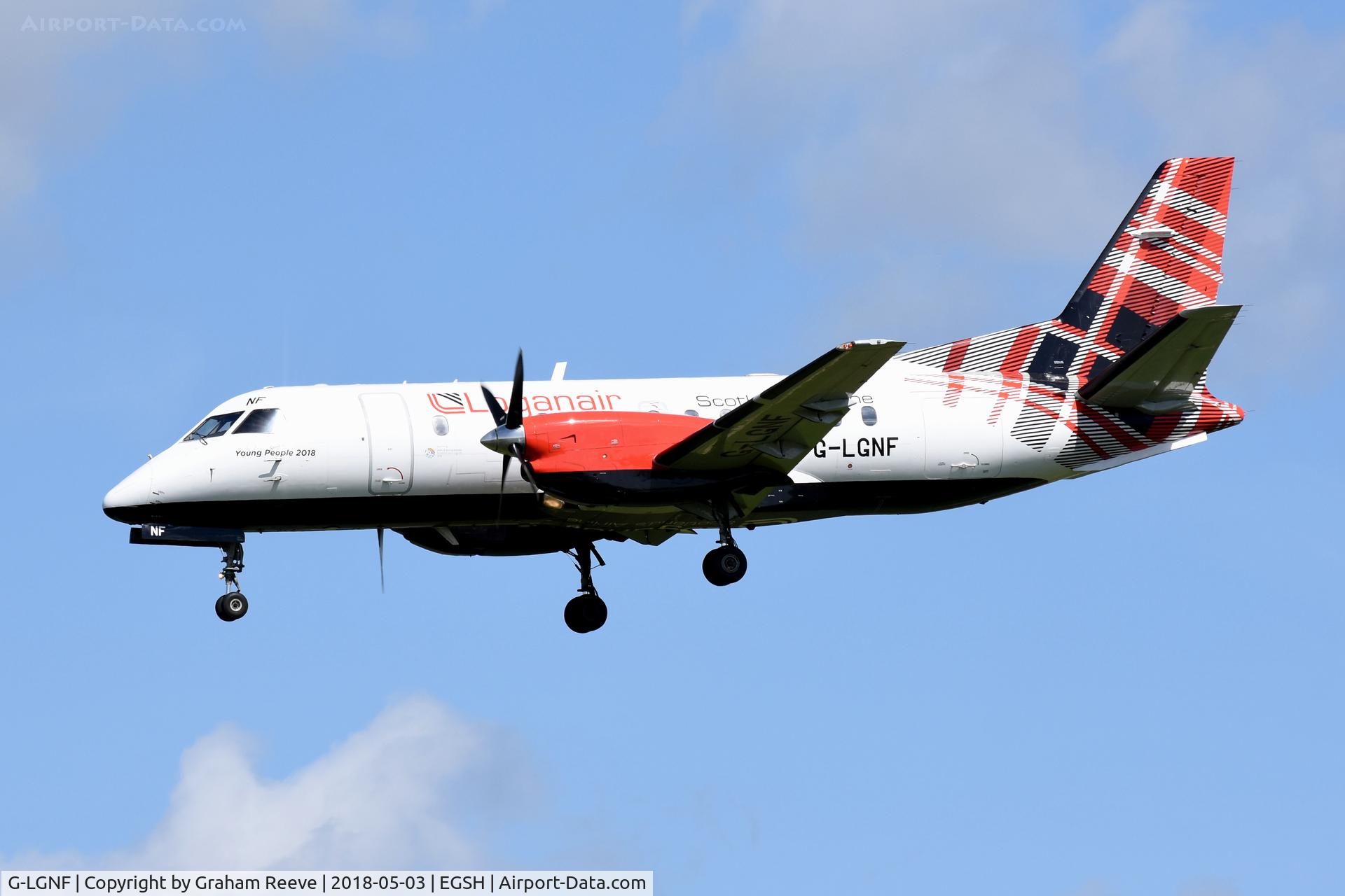 G-LGNF, 1990 Saab SF340B C/N 340B-192, Landing at Norwich.