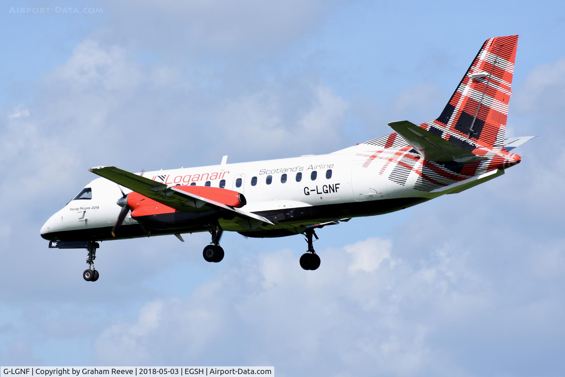 G-LGNF, 1990 Saab SF340B C/N 340B-192, Landing at Norwich.