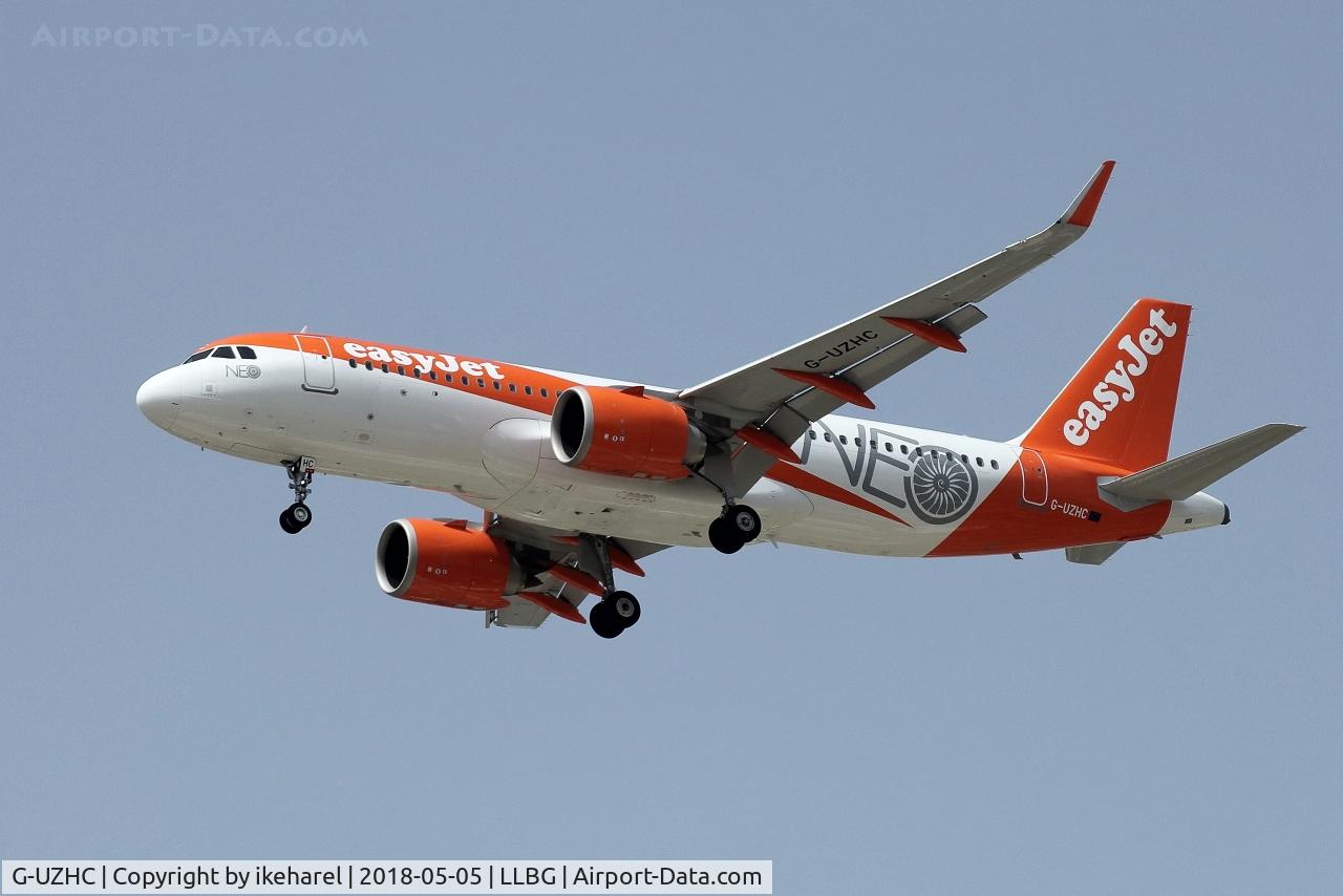 G-UZHC, 2017 Airbus A320-251NEO C/N 7802, EasyJet A320-251 NEO-livery, flight from Luton, UK, landing on runway 26.