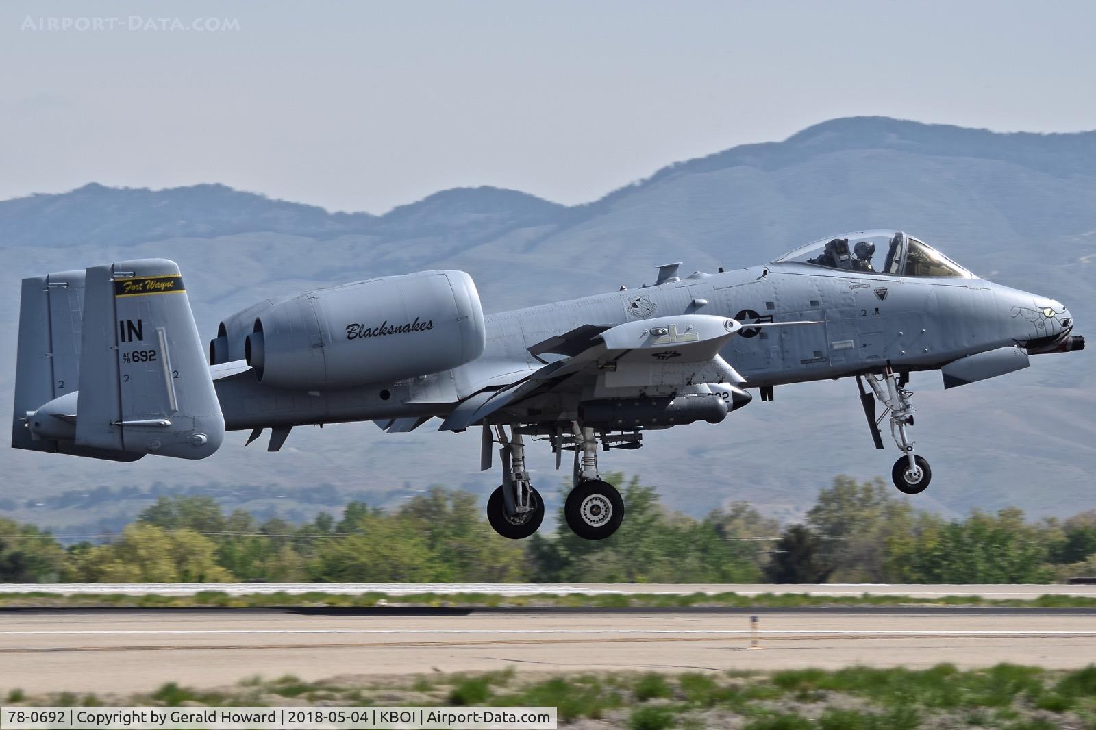 78-0692, 1978 Fairchild Republic A-10C Thunderbolt II C/N A10-0312, Landing RWY 10R.  163rd Fighter Sq. “Blacksnakes”, 122nd Fighter Wing , Fort Wayne, IN ANG.