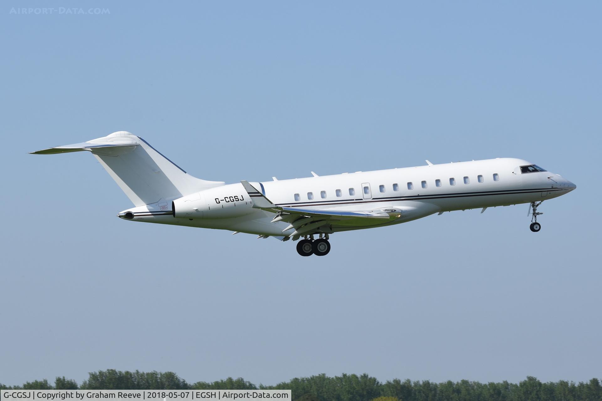 G-CGSJ, 2010 Bombardier BD-700-1A10 Global Express C/N 9377, Landing at Norwich.