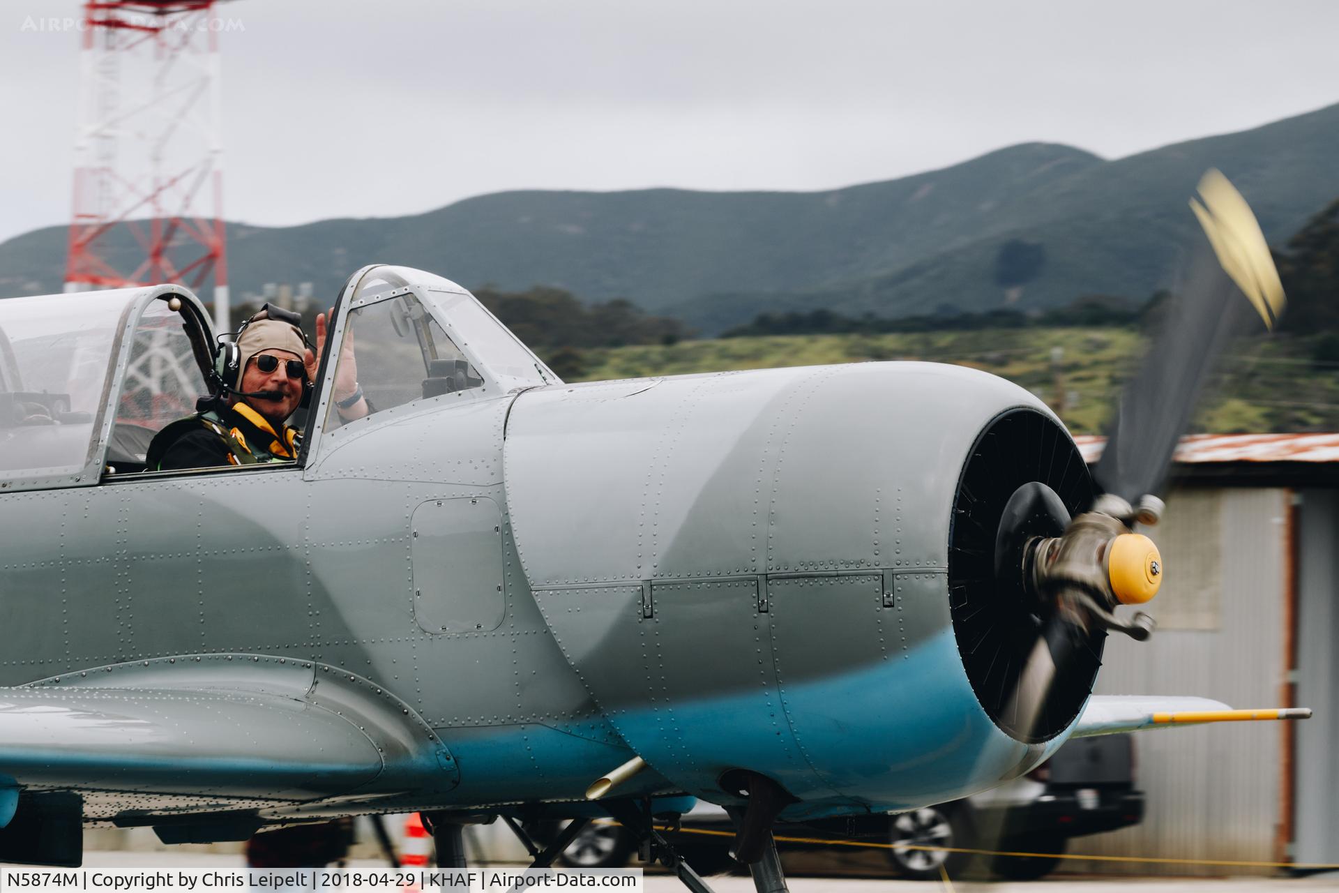 N5874M, 1982 Yakovlev Yak-52 C/N 822302, Locally-based 1982 Yak 52 taxing in at Half Moon Bay Airport Day 2018.
