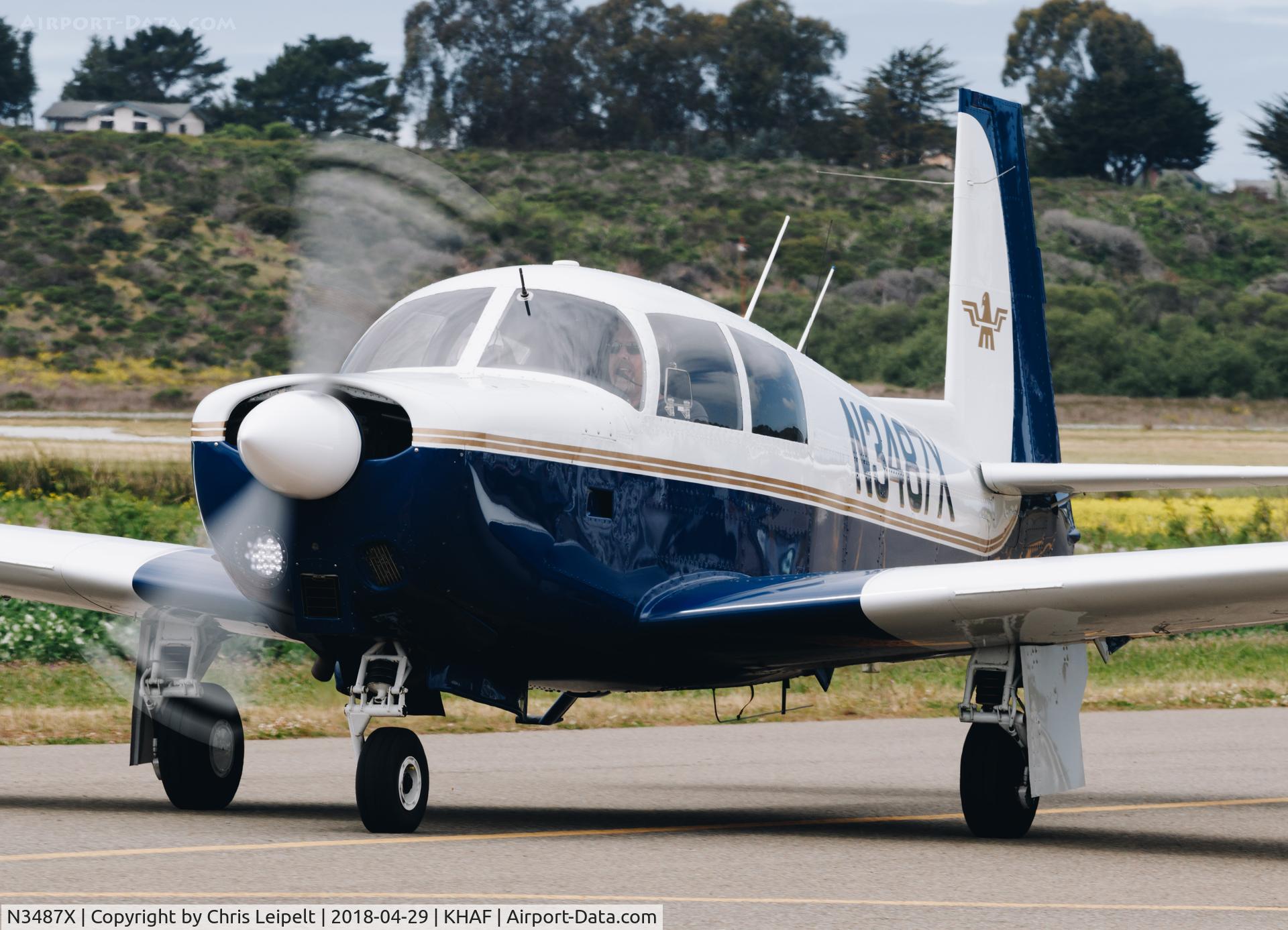 N3487X, 1966 Mooney M20C Ranger C/N 3424, 1966 Mooney M20C taxing for departure at Half Moon Bay Airport Day 2018.