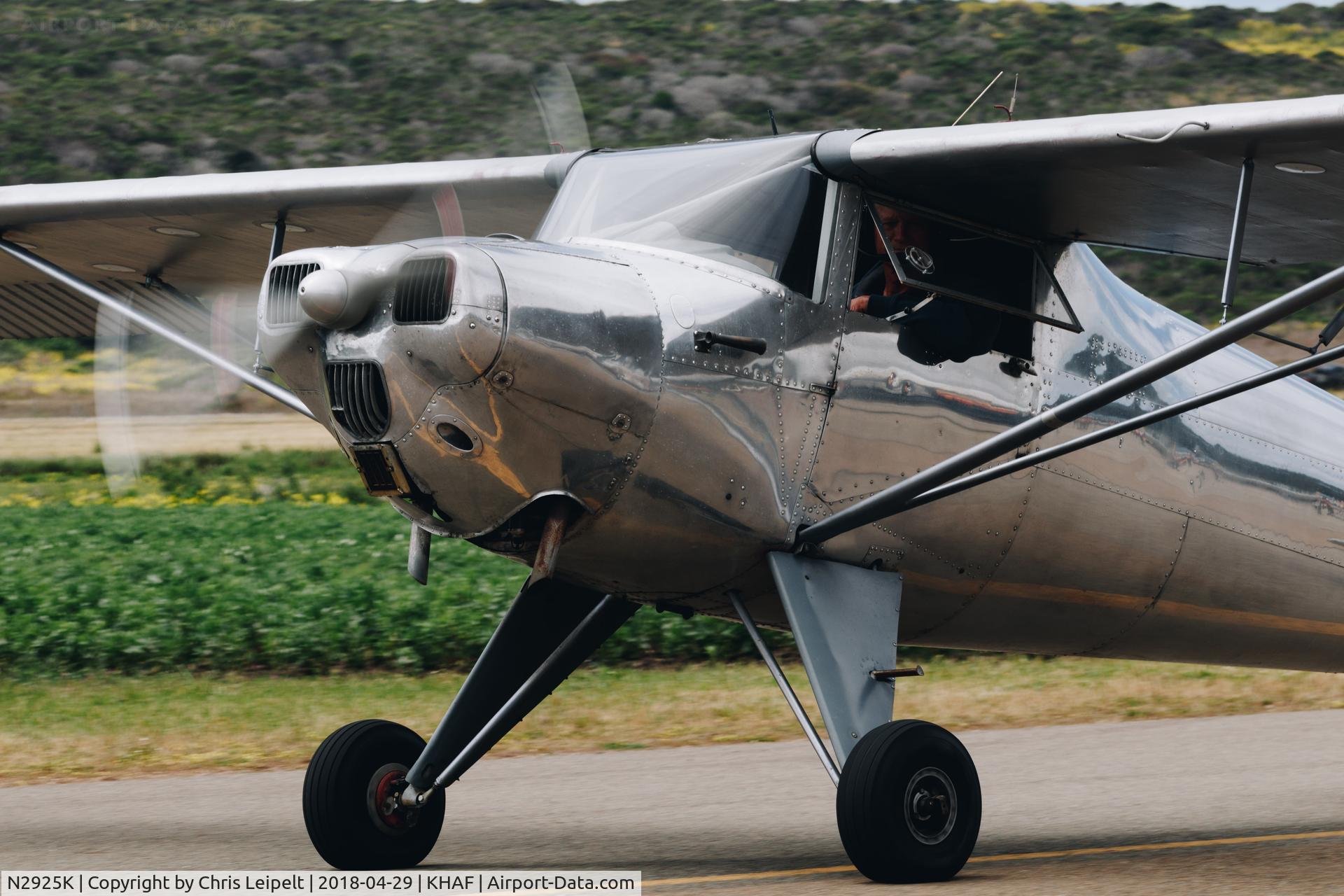 N2925K, 1947 Luscombe 8E Silvaire C/N 5652, Locally-based 1947 Luscombe 8E taxing by me for departure at Half Moon Bay Airport Day 2018.