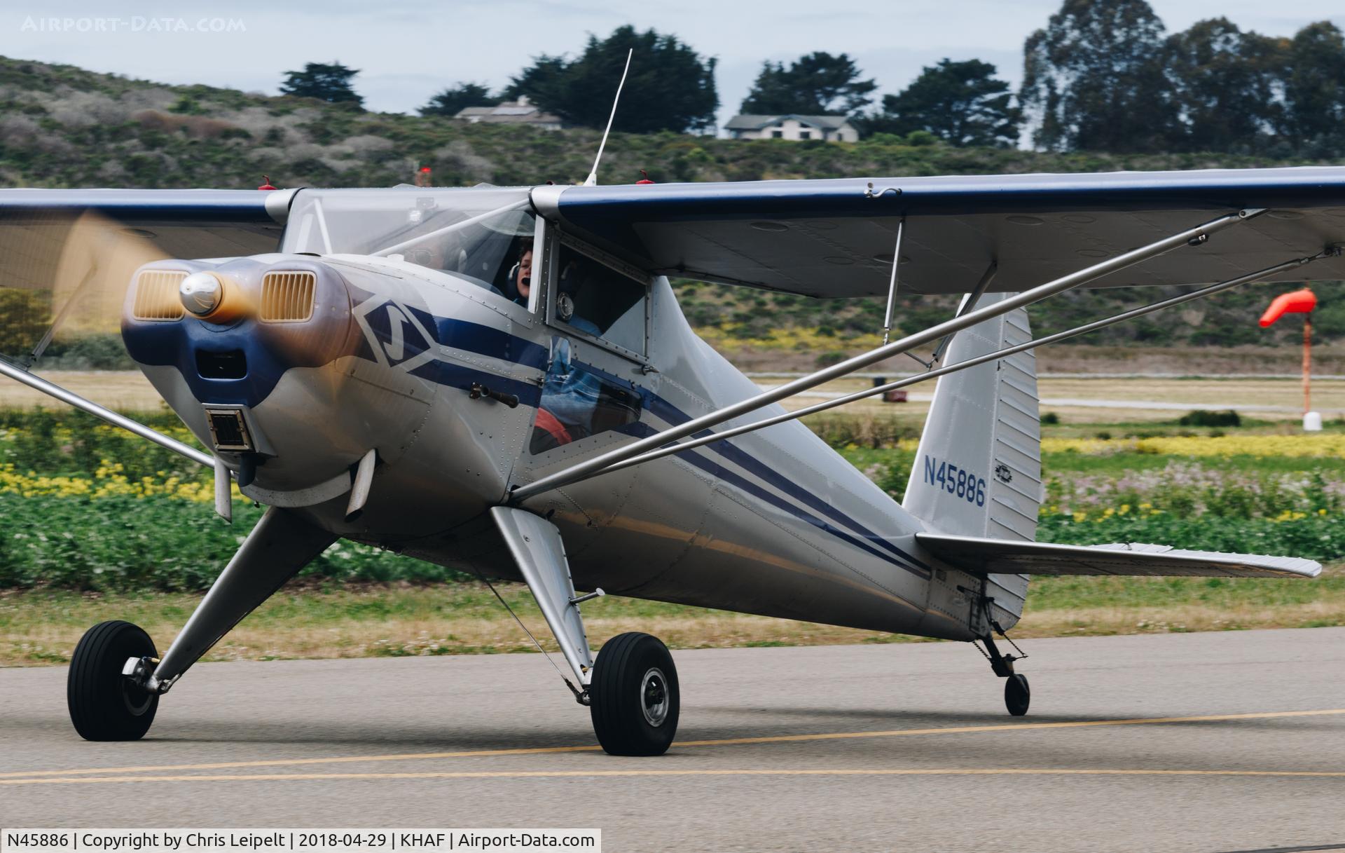 N45886, 1946 Luscombe 8A C/N 2413, 1946 Luscombe 8A taxing out for departure at Half Moon Bay Airport Day 2018.