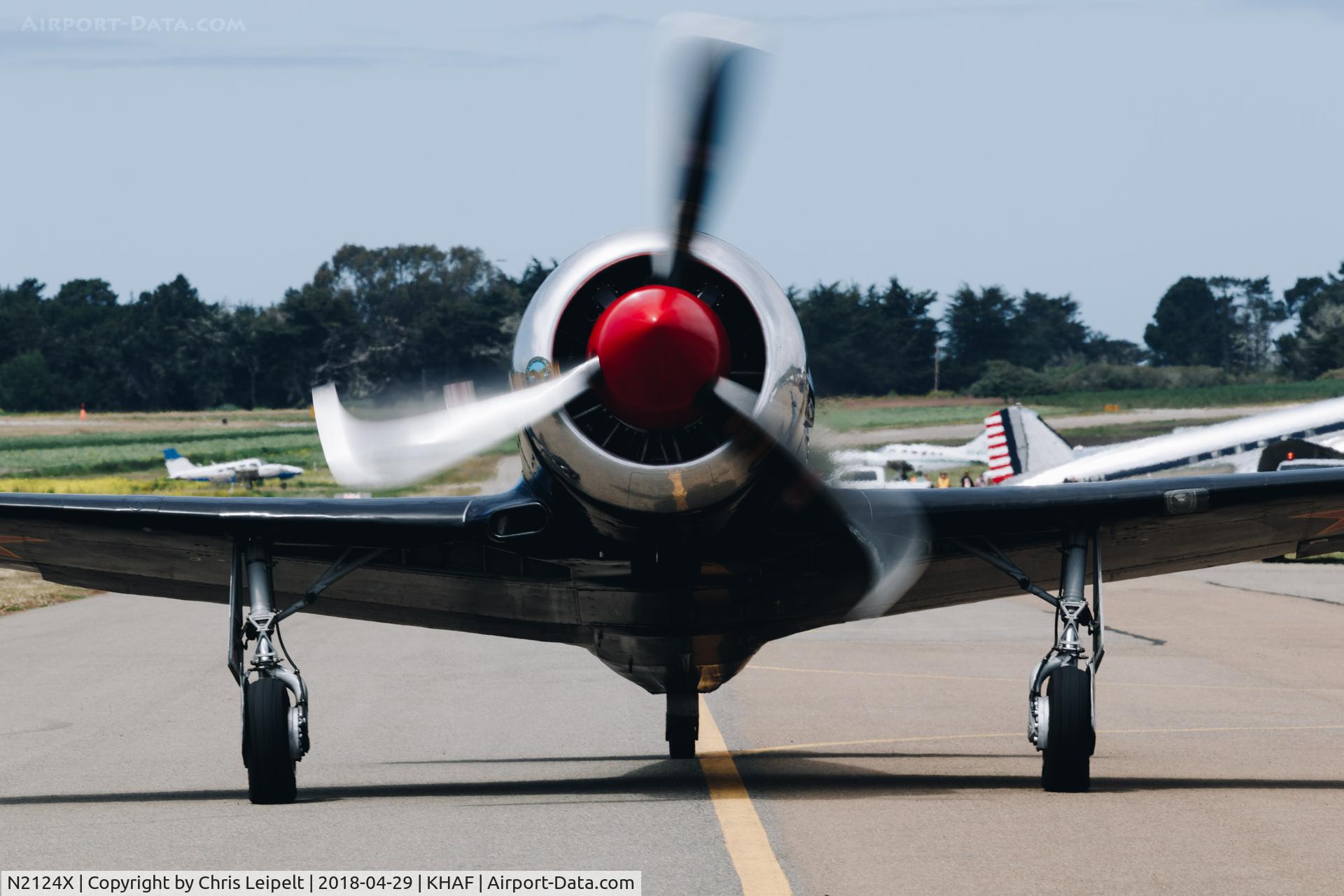 N2124X, 1952 Yakovlev Yak-11 C/N 102146, 1952 Yak-11 taxing out for departure at Half Moon Bay Airport Day 2018.