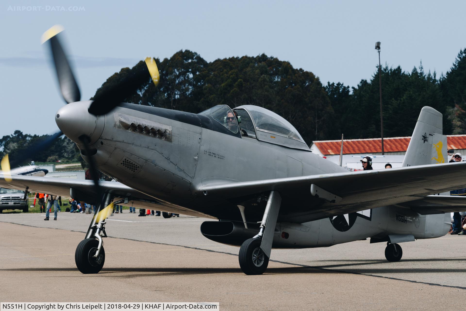 N551H, 1944 North American F-51-H-5-NA C/N 44-64314, Very rare 1944 North American F-51H Mustang taxing out for departure at Half Moon Bay Airport Day 2018. This is one of 2 or 3 flying F-51H Mustangs still flying.