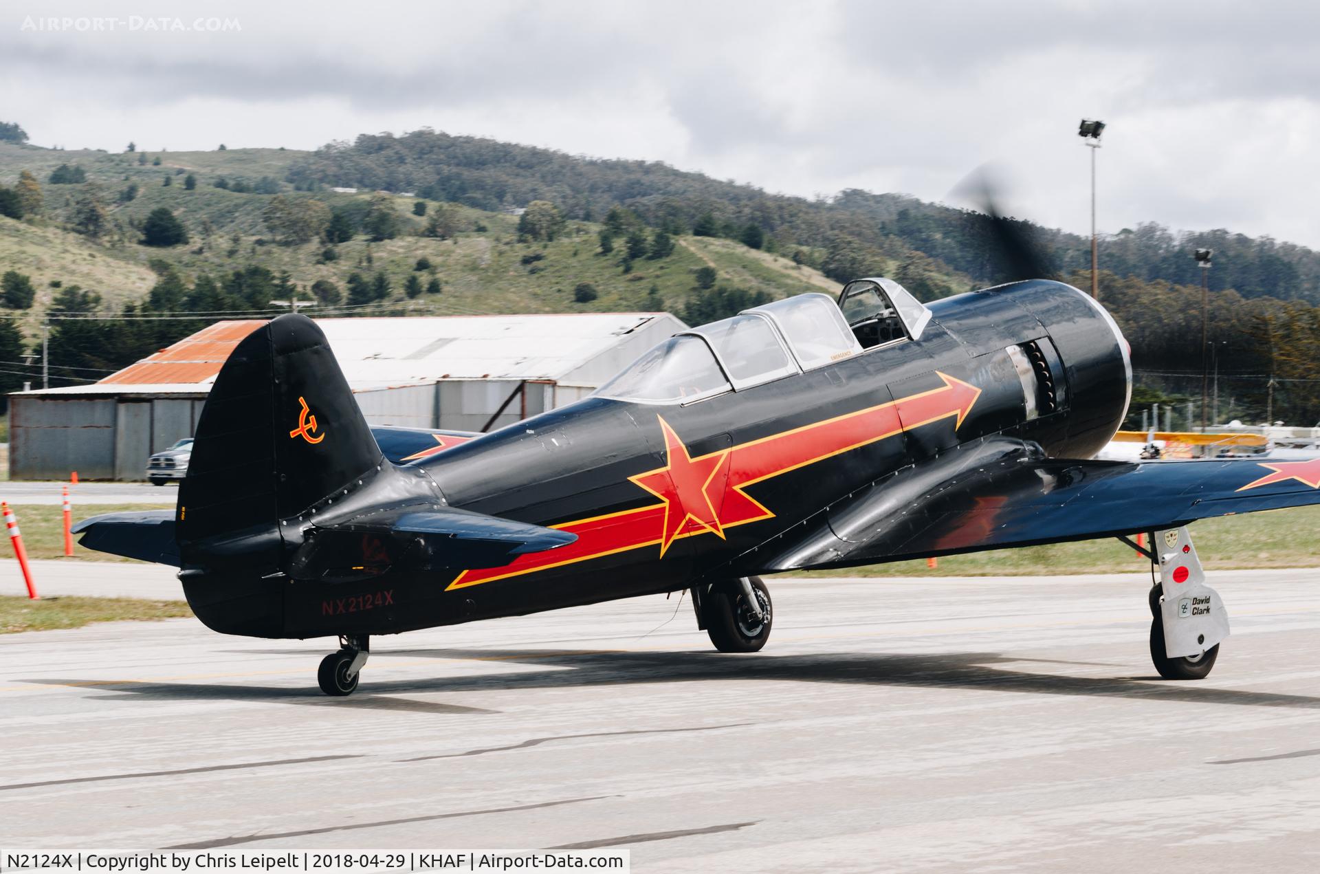 N2124X, 1952 Yakovlev Yak-11 C/N 102146, 1952 Yak-11 taxing out for departure at Half Moon Bay Airport Day 2018.