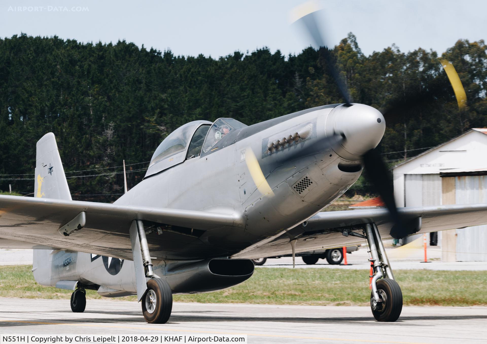 N551H, 1944 North American F-51-H-5-NA C/N 44-64314, 1944 NA F-51H Mustang taxing to the ramp at Half Moon Bay Airport Day 2018.