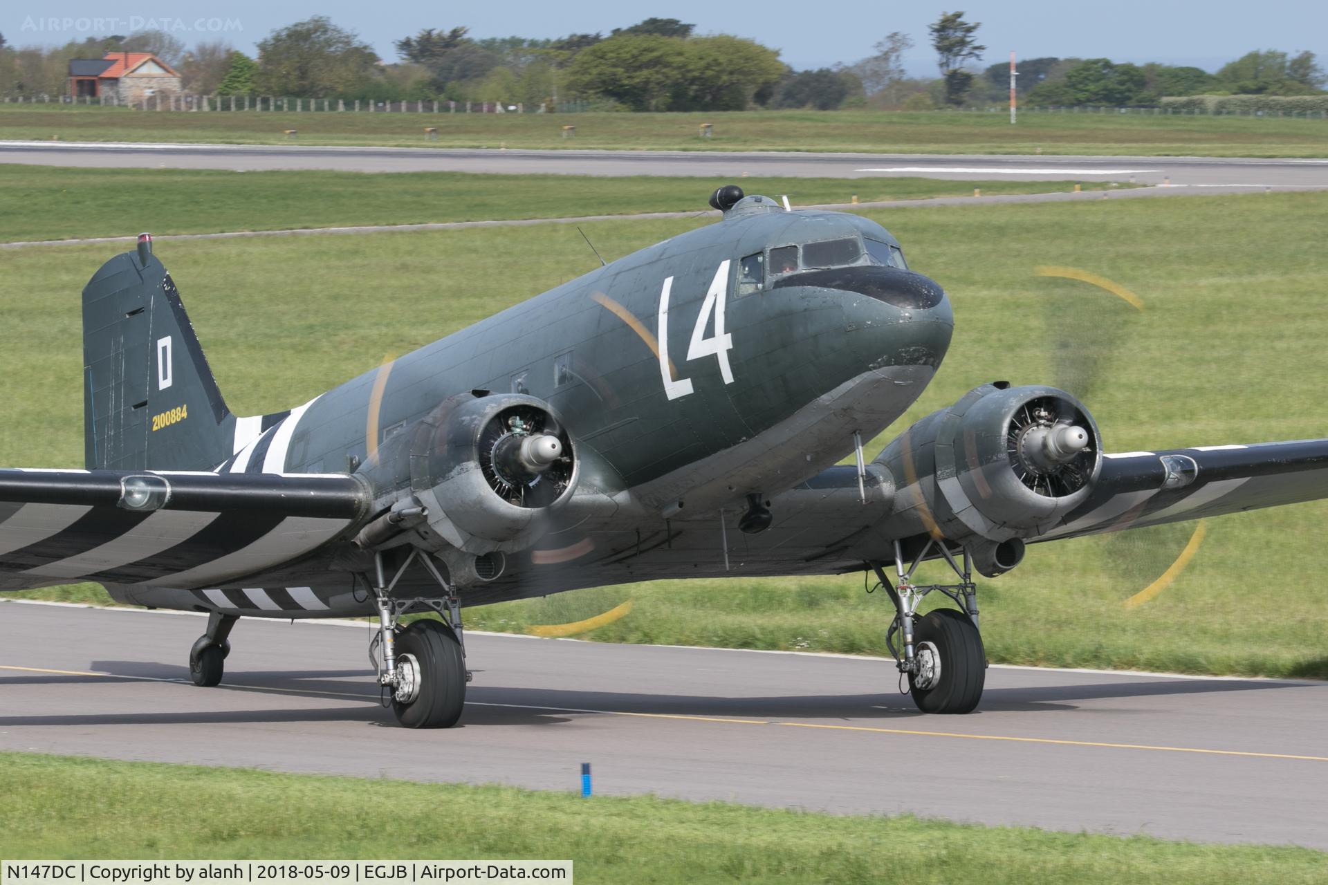 N147DC, 1943 Douglas C-47A-75-DL Skytrain C/N 19347, Taxiing in for a public showing on Liberation Day, 2018, billed as a 'star' of the recent Guernsey Potato Peel Pie film