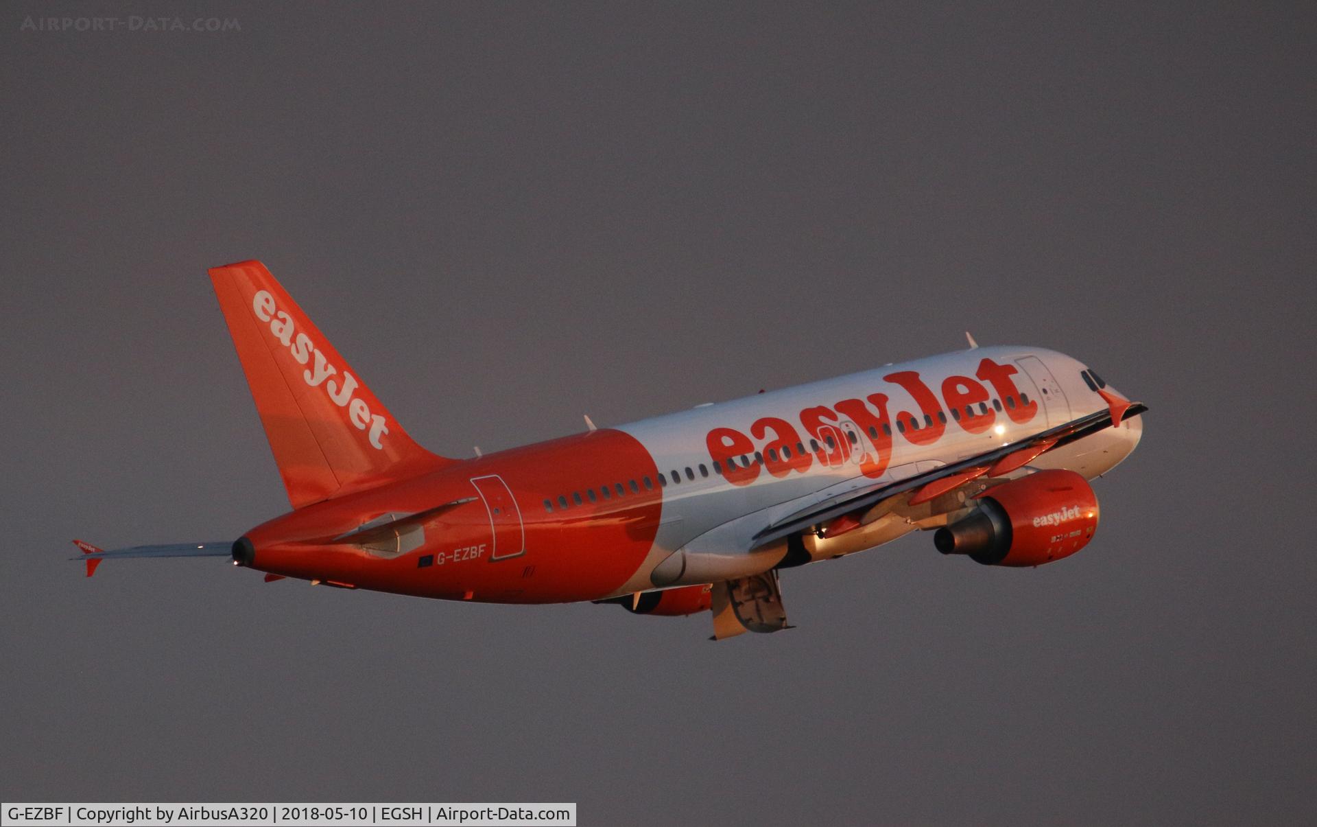 G-EZBF, 2006 Airbus A319-111 C/N 2923, Climbing out on RWY 27 departing after some paint work at Norwich
