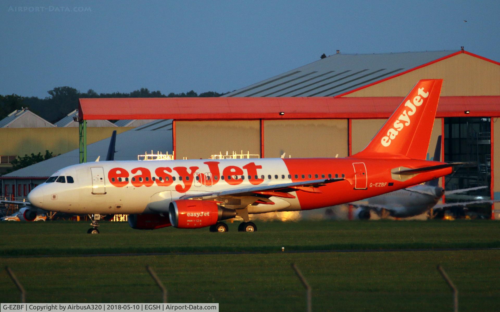 G-EZBF, 2006 Airbus A319-111 C/N 2923, Departing in the evening sunset following paint work with Air Livery, formerly wore Tartan on the rear section