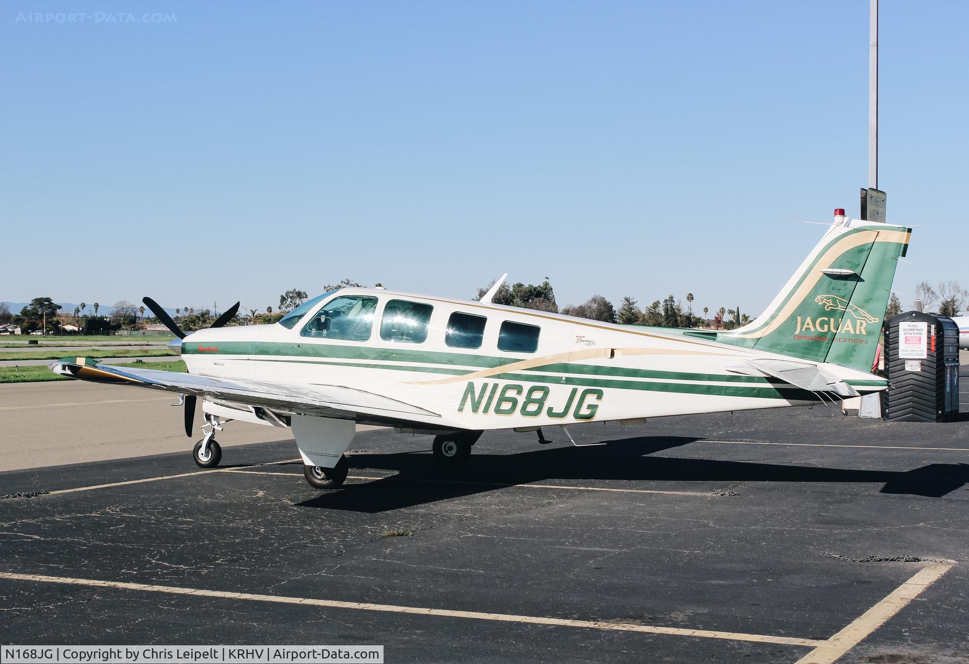 N168JG, 1999 Raytheon Aircraft Company A36 Bonanza C/N E-3253, 1999 Beechcraft A36 Bonanza visiting at Reid Hillview Airport, San Jose, CA.