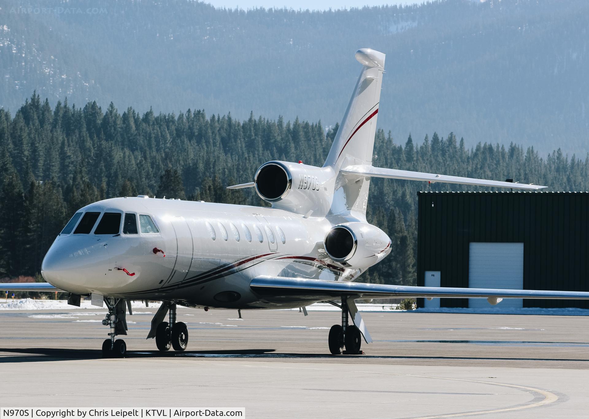 N970S, Dassault Falcon 50 C/N 238, Dassault Falcon 50 visiting from Florida visiting at South Lake Tahoe Airport, CA. Has since been repositioned to Texas in February 2018.