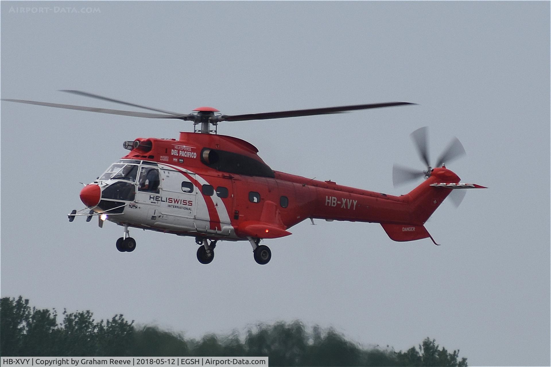 HB-XVY, 1982 Aerospatiale AS-332C-1 Super Puma C/N 2033, About to land at Norwich.