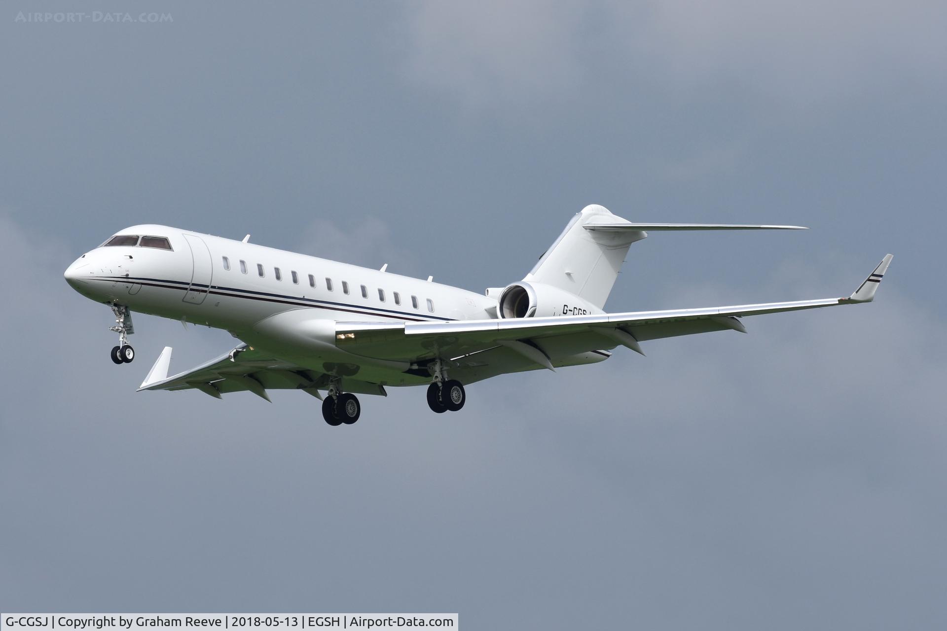 G-CGSJ, 2010 Bombardier BD-700-1A10 Global Express C/N 9377, Landing at Norwich.