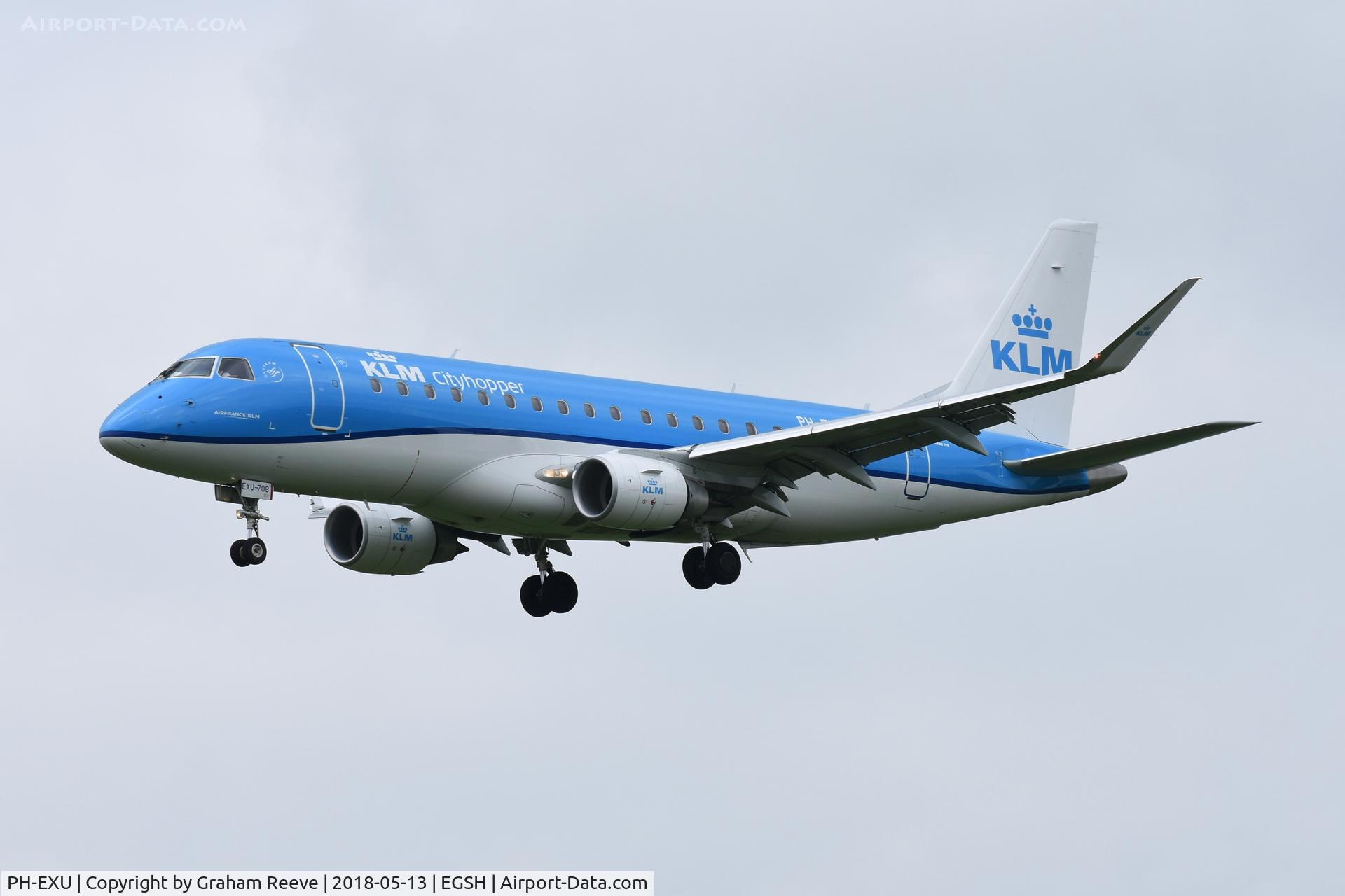 PH-EXU, 2018 Embraer 175STD (ERJ-170-200) C/N 17000708, landing at Norwich.