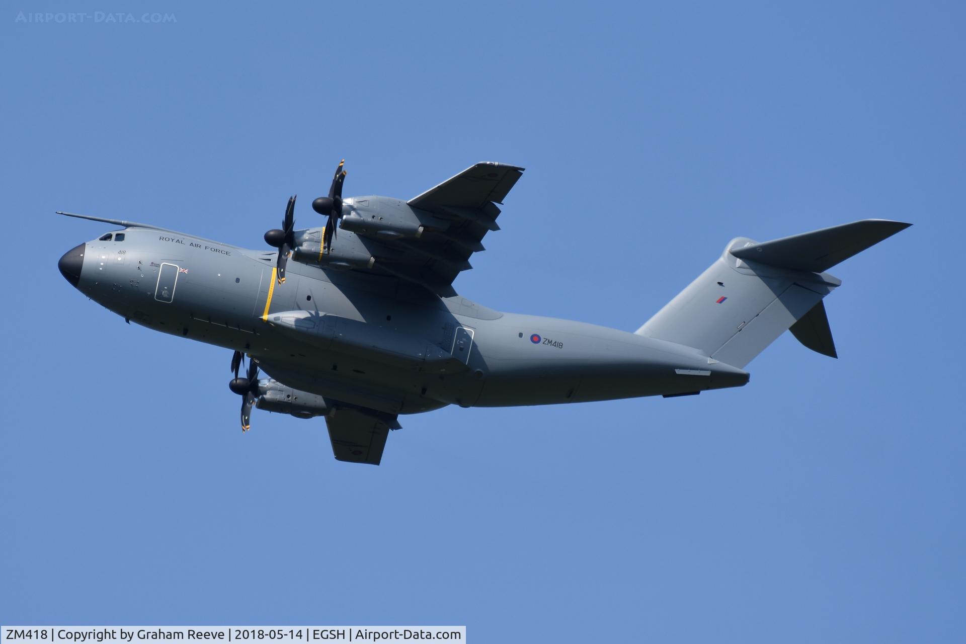 ZM418, 2018 Airbus A400M-180 Atlas C.1 C/N 056, Departing from Norwich.
