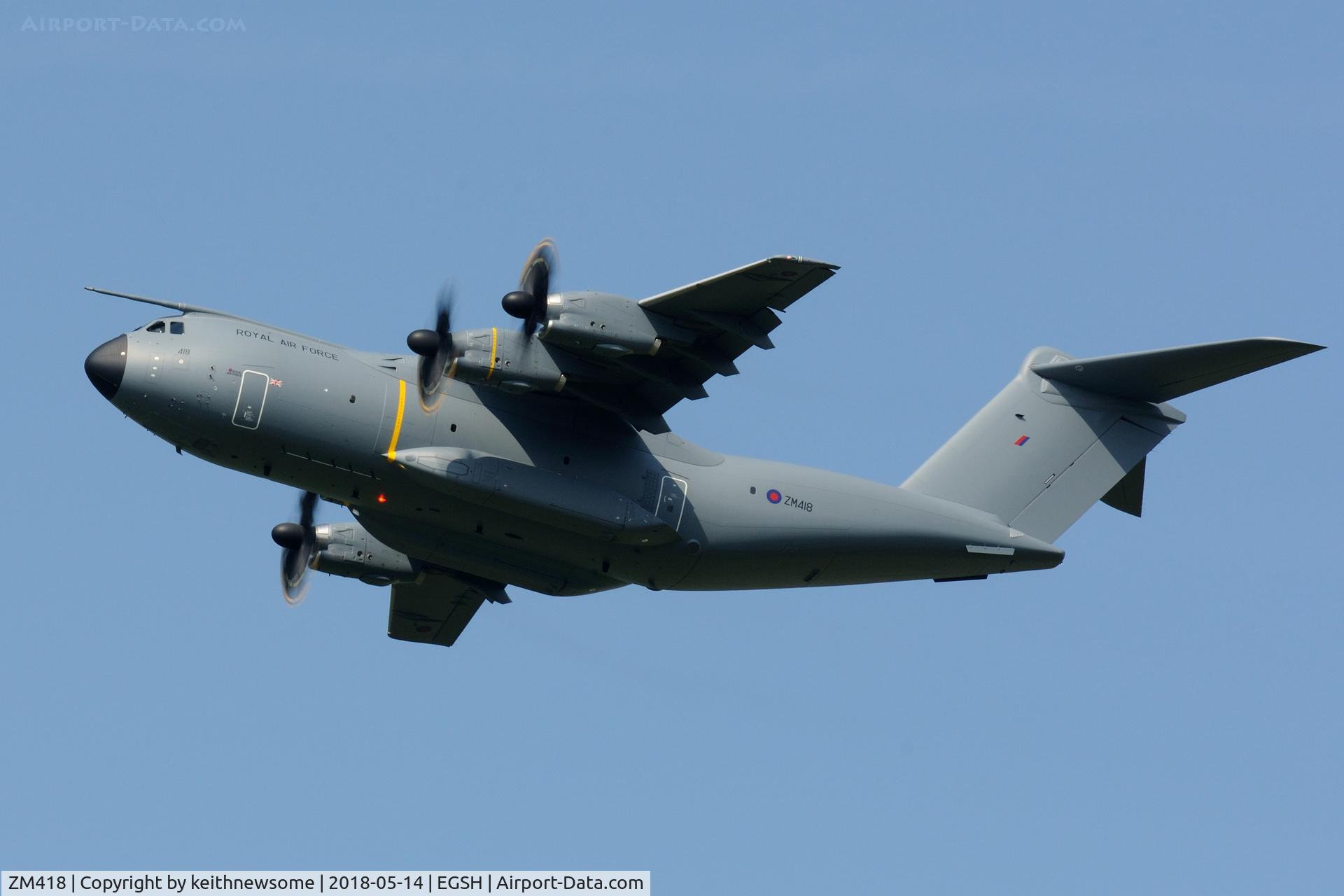 ZM418, 2018 Airbus A400M-180 Atlas C.1 C/N 056, Leaving Norwich following ILS approaches.