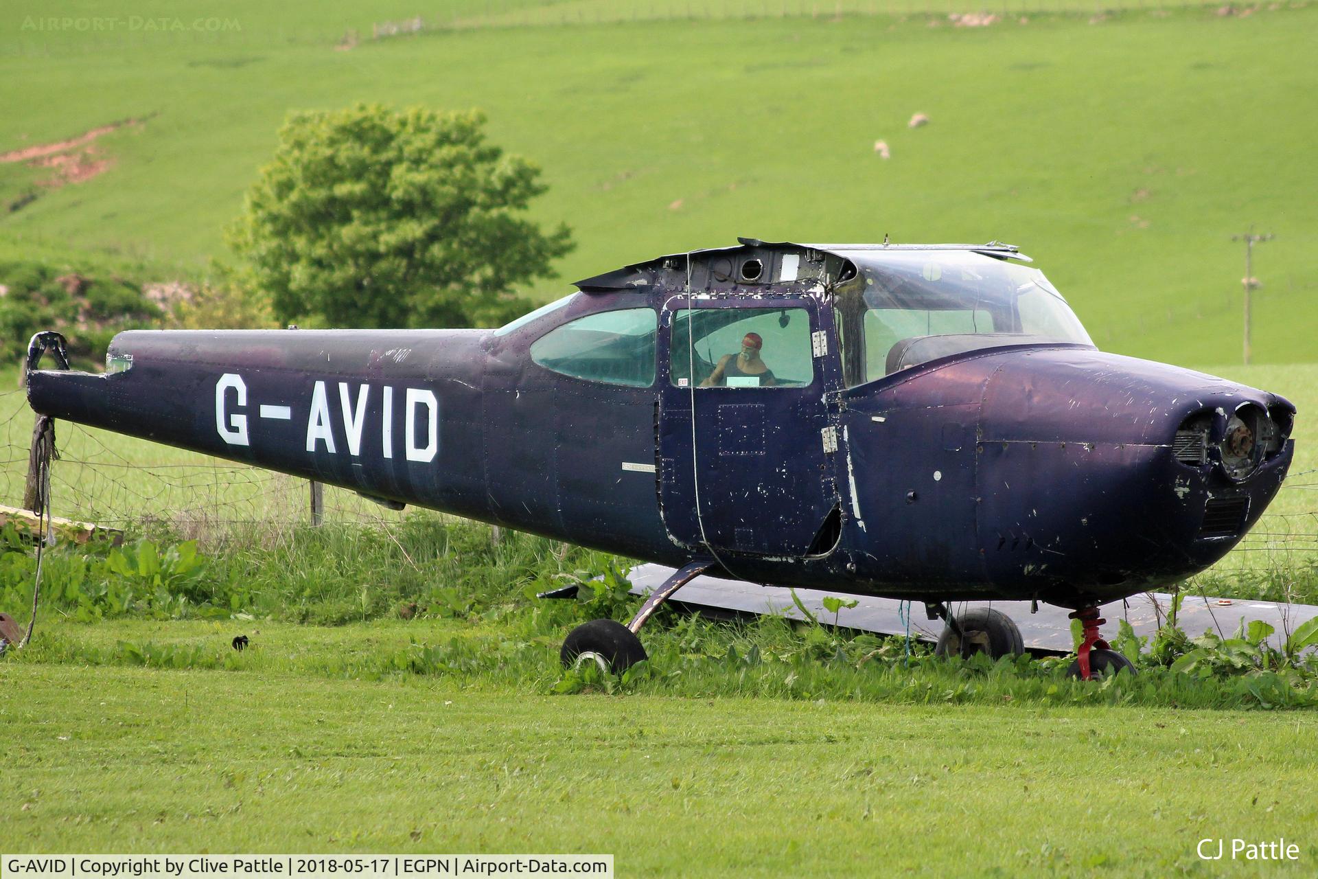 G-AVID, 1967 Cessna 182K Skylane C/N 182-57734, Pictured off airport on in the rear garden of a private house in the Angus village of Fern. Easily viewable from the public road. COA expired 2010. EGPN ICAO used for geographical reference only.