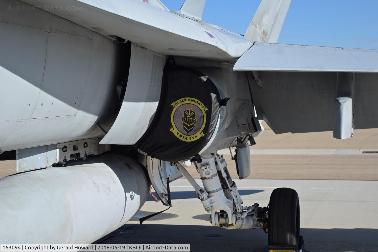 163094, McDonnell Douglas F/A-18A+ Hornet C/N 477/A393, Parked on the sough GA ramp. VMFA-314  “Black Knights”, NAS Miramar, CA.