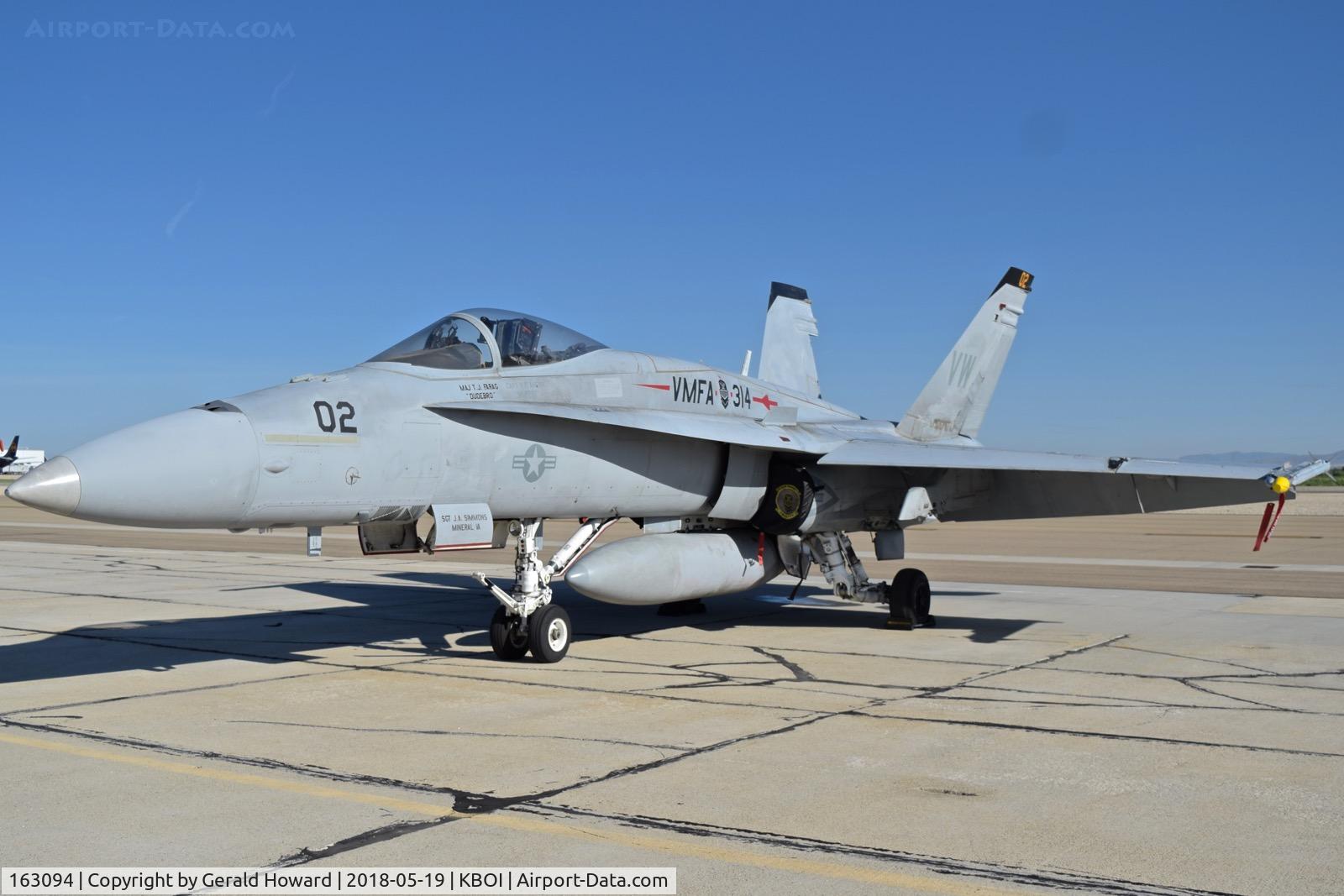 163094, McDonnell Douglas F/A-18A+ Hornet C/N 477/A393, Parked on the sough GA ramp. VMFA-314  “Black Knights”, NAS Miramar, CA.