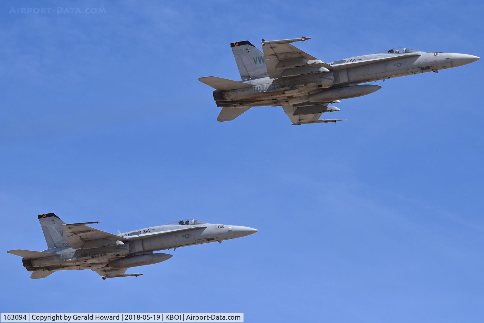 163094, McDonnell Douglas F/A-18A+ Hornet C/N 477/A393, Departing BOI behind 162442 VMFA-314 “Black Knights”,NAS Miramar, CA.