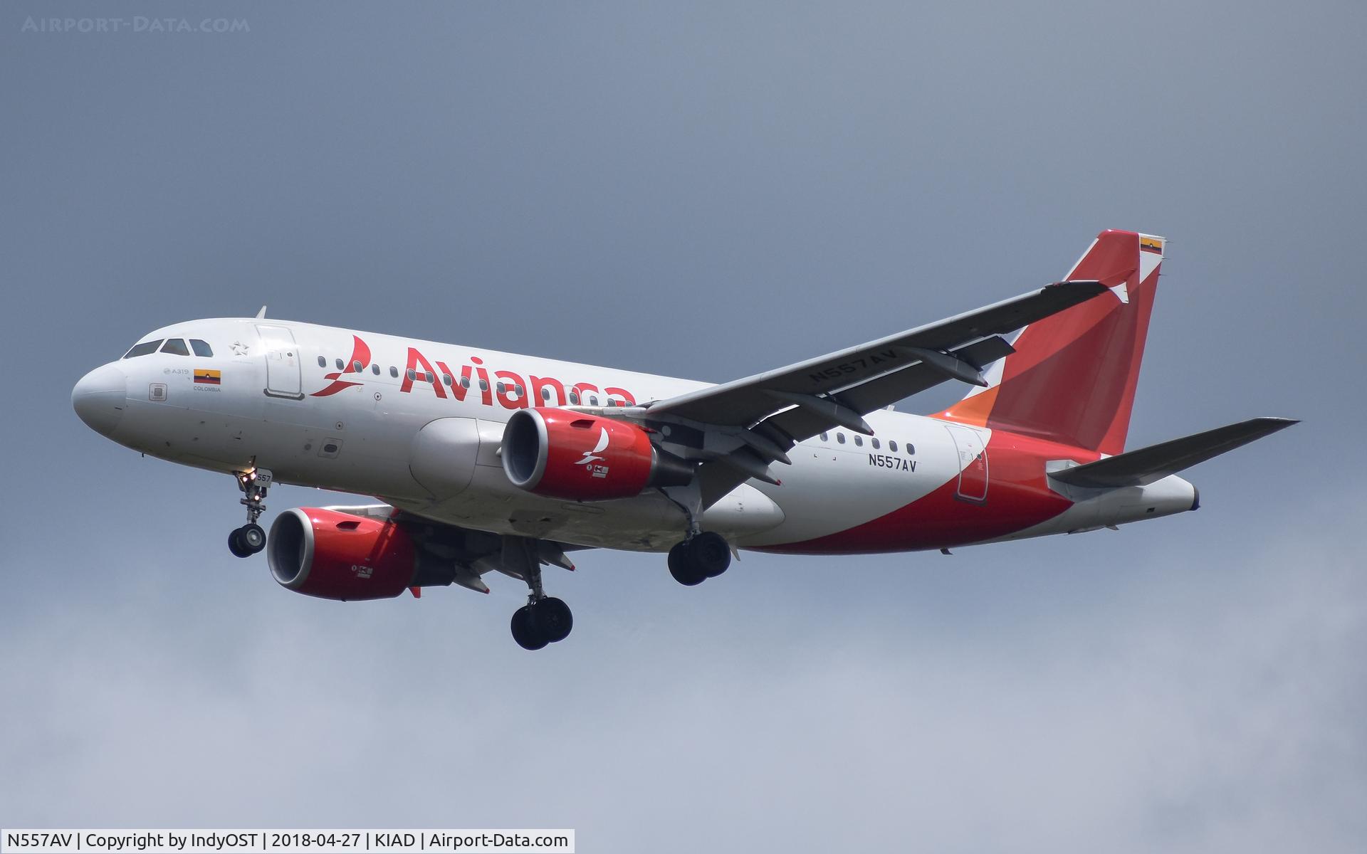 N557AV, 2012 Airbus A319-115 C/N 5057, Avianca Airbus A319 landing at Dulles International Airport on 27 Apr 2018.
