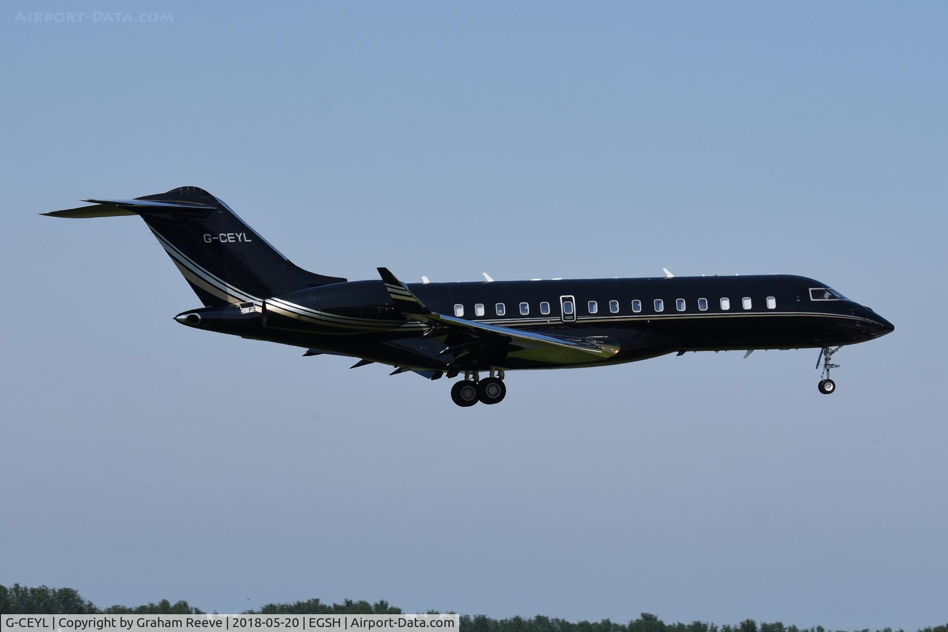 G-CEYL, 2006 Bombardier BD-700-1A10 Global Express C/N 9196, Landing at Norwich.