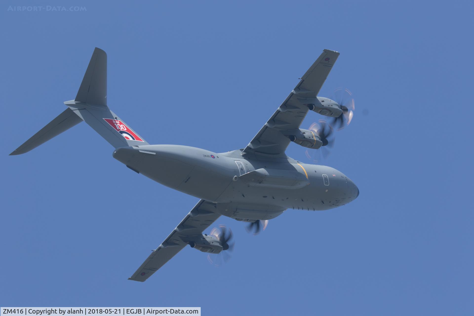 ZM416, 2017 Airbus A400M Atlas C.1 C/N 058, Climbing out from a practice approach at Guernsey, with prominent RAF 100 fin flash