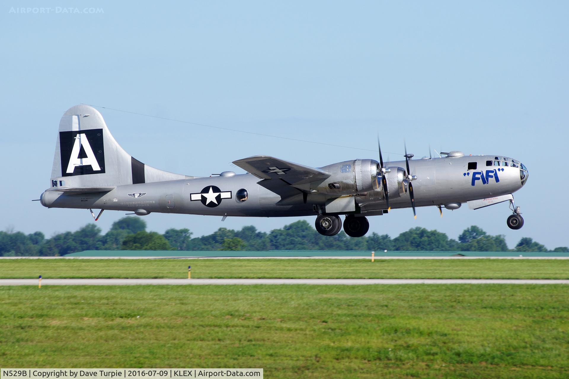 N529B, 1944 Boeing B-29A-60-BN Superfortress C/N 11547, The registration on the plane is NX529B.  After taking pictures at dozens of airports, KLEX has the best place to get a great angle. Unfortunately, it's a little slower than KMIA or KLAX.
