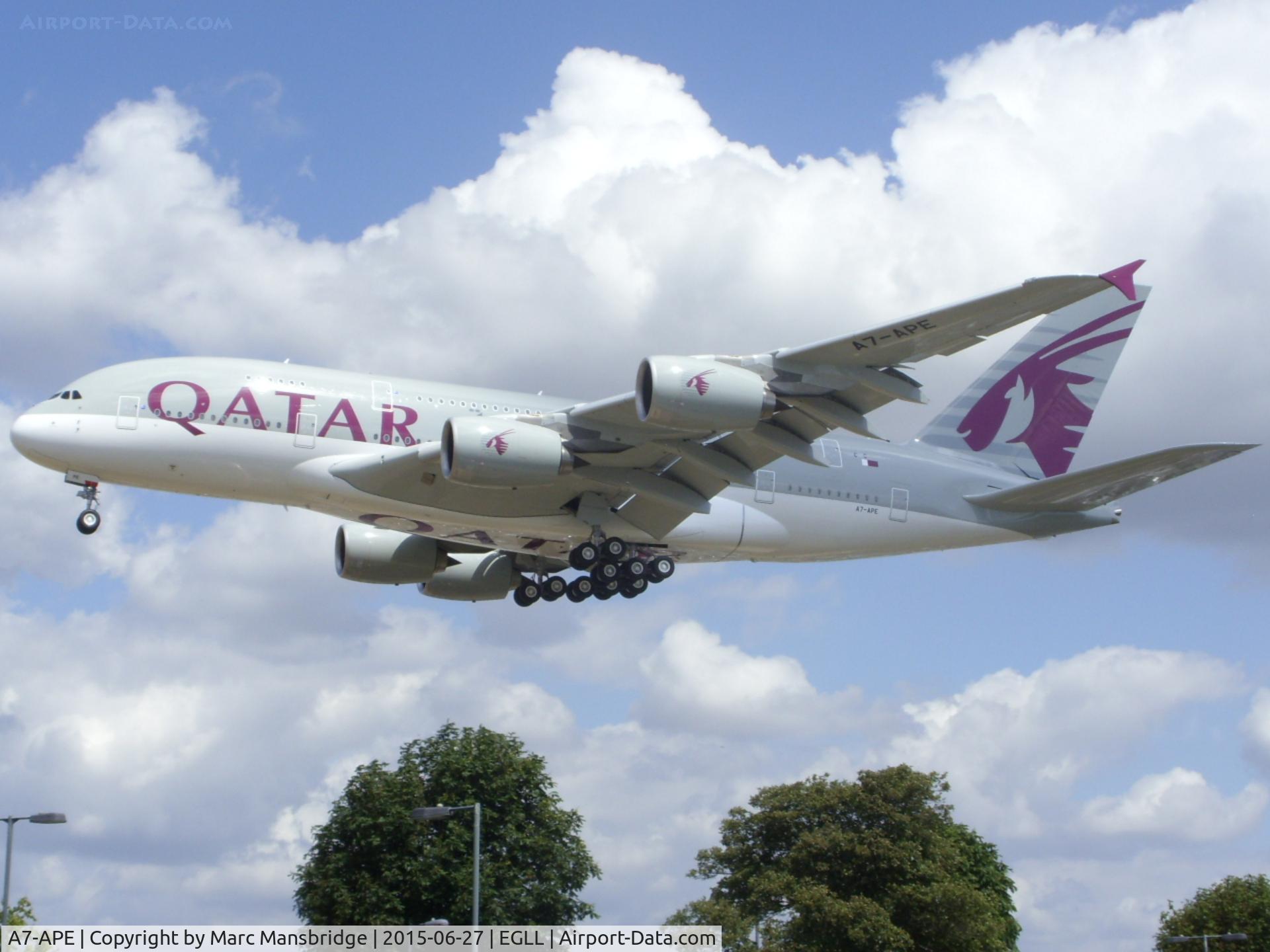 A7-APE, 2015 Airbus A380-861 C/N 0181, Landing runway 27L at Heathrow airport EGLL