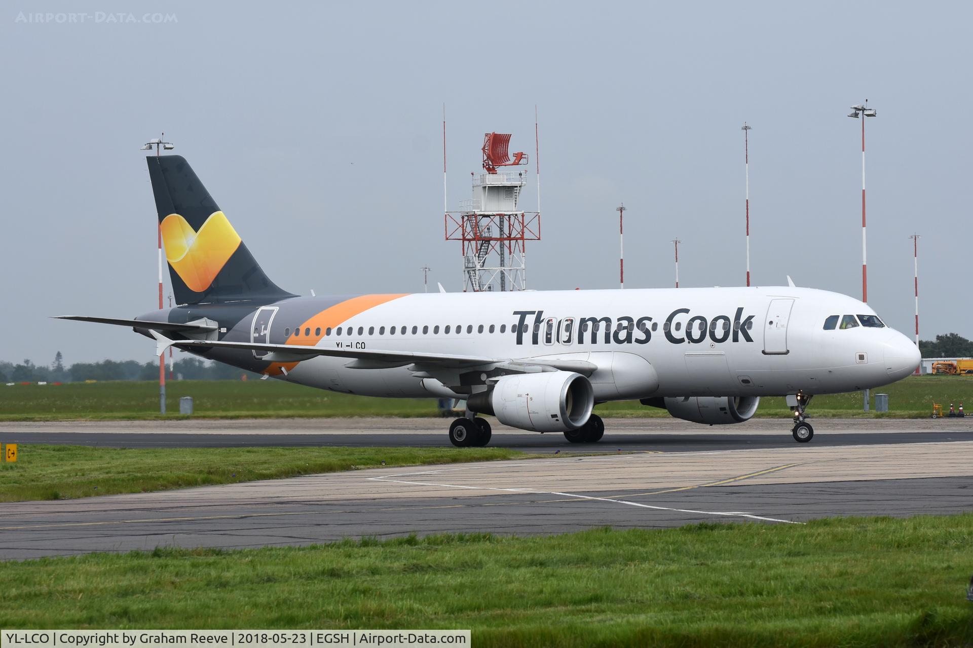 YL-LCO, 2002 Airbus A320-214 C/N 1873, Just landed at Norwich.