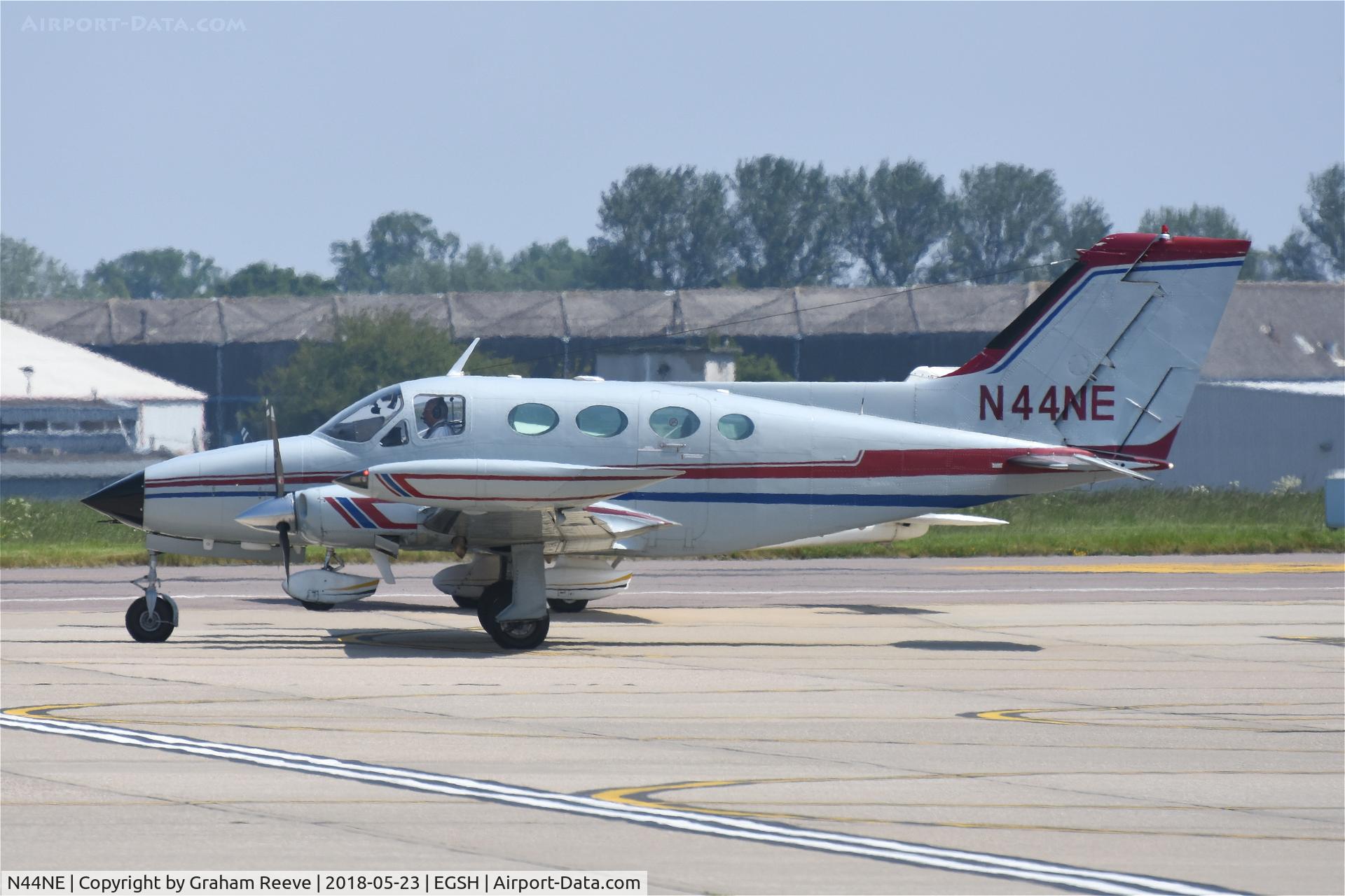 N44NE, 1970 Cessna 414 Chancellor Chancellor C/N 414-0070, Departing from Norwich.