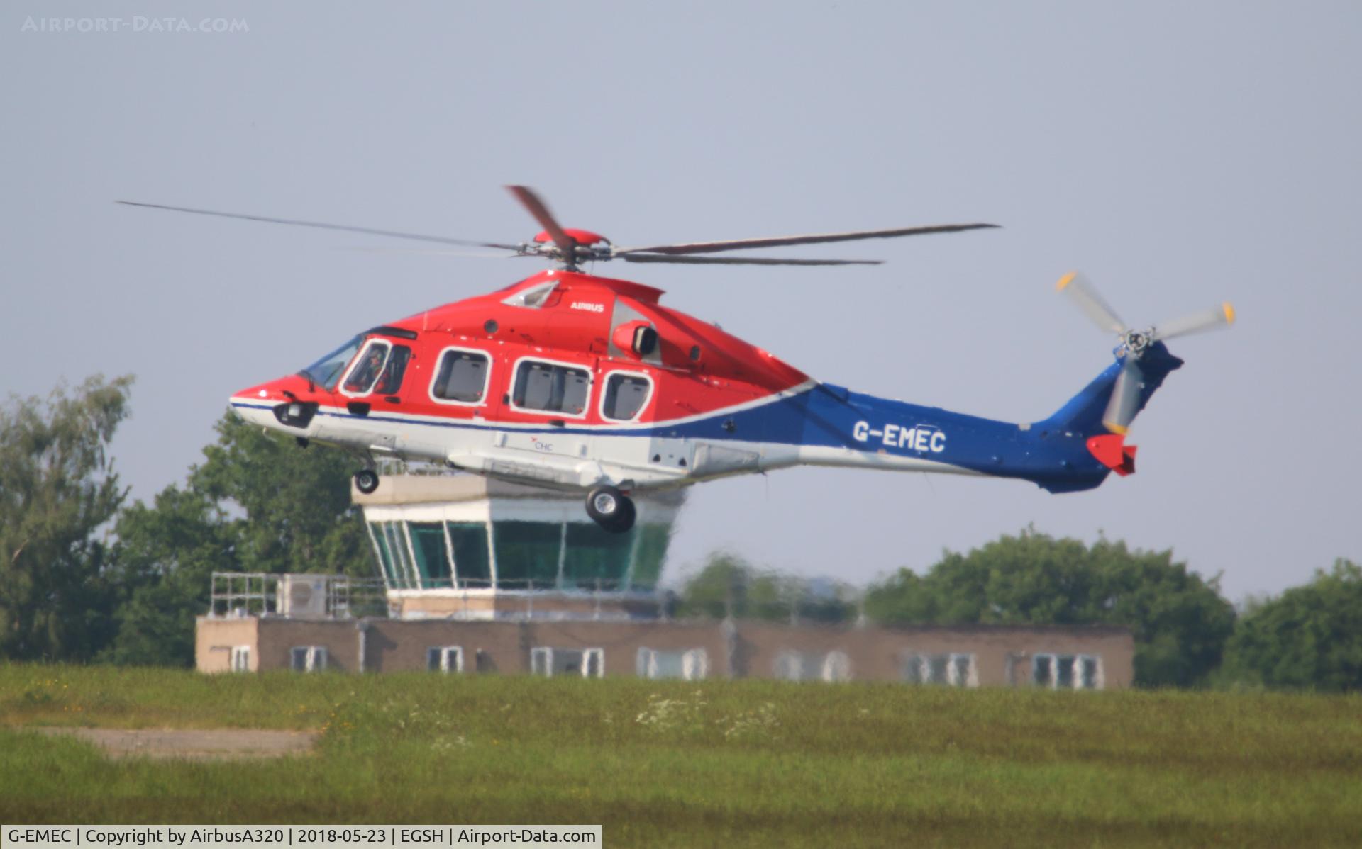 G-EMEC, 2018 Airbus Helicopters EC-175B C/N 5031, Departing past the tower in the background