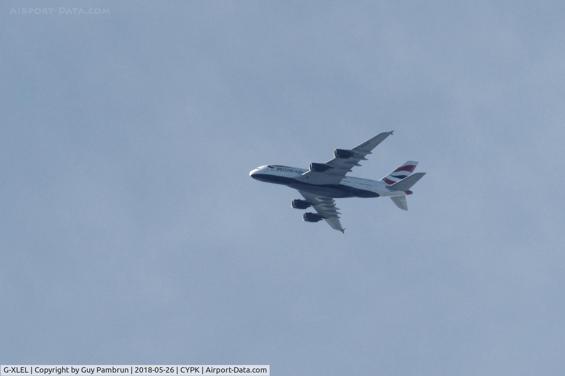 G-XLEL, 2016 Airbus A380-841 C/N 215, @11,000' just north of CYPK heading west to land at YVR