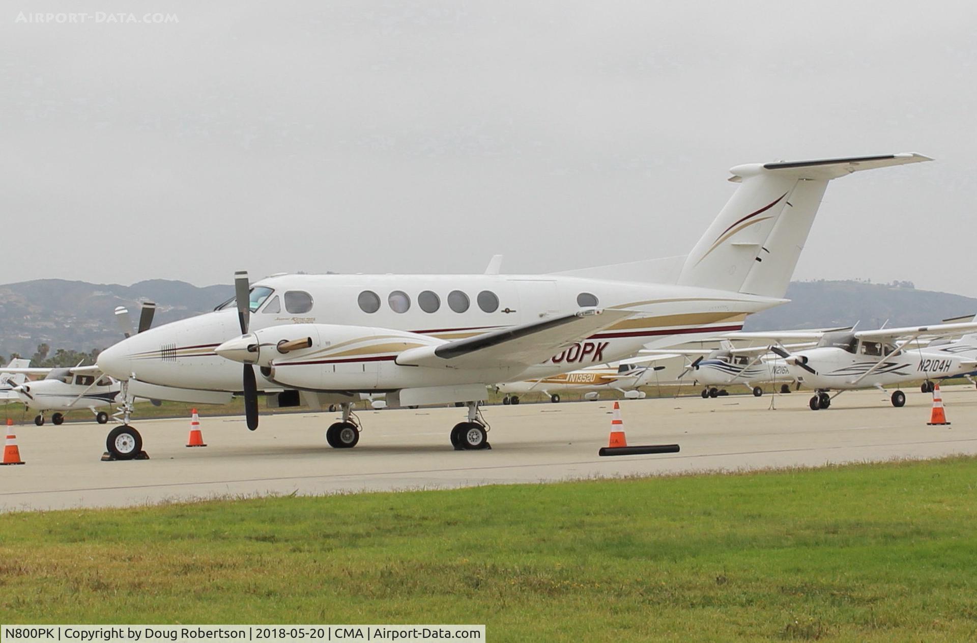 N800PK, 1981 Beech B200 King Air C/N BB-982, 1981 Beech B200 SUPER KING AIR, two Pratt & Whitney PT6A-41 turboprops 850 SHp each, max cruise 320 mph at 25,000 ft, Range up to 2,172 miles, on Channel Islands Aviation Ramp