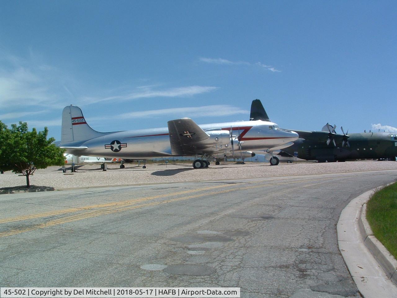 45-502, Douglas DC-4 Skymaster (C-54G) C/N 45-502, C-54G-1-DO Skymaster 45-502, s/n 35958 has been repainted silver from its old markings from a few years ago.  Not exactly known why this livery, but it's not standard military or Air Force markings.