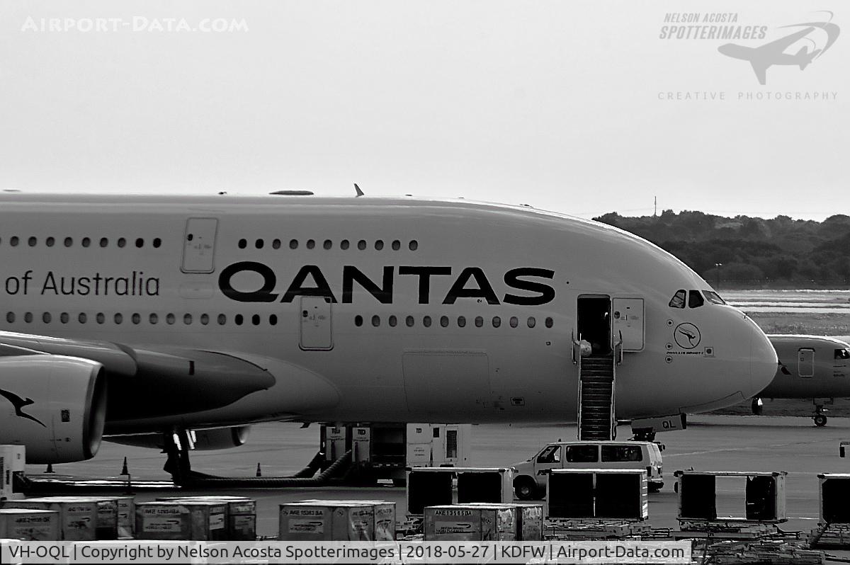 VH-OQL, 2011 Airbus A380-842 C/N 074, Qantas New Livery A380 at apron in DFW.