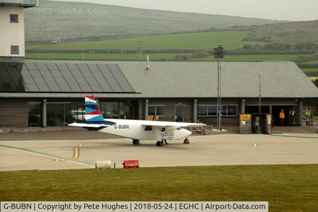 G-BUBN, 1993 Pilatus Britten-Norman BN-2B-26 Islander C/N 2270, G-BUBN Islander, Isles of Scilly Skybus in its latest colourscheme sat at the terminal at Lands End airport, photographed from AW169 G-SASX on arrival.