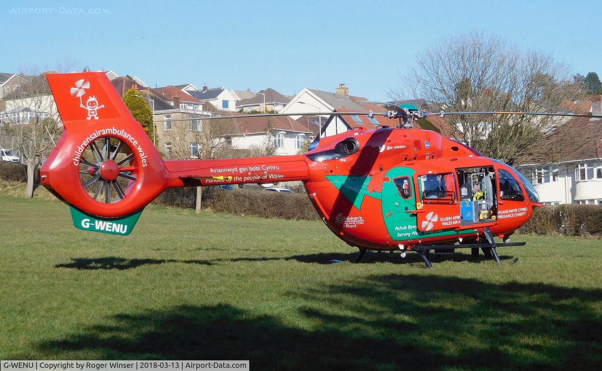 G-WENU, 2016 Airbus Helicopters H-145 (BK-117D-2) C/N 20112, Off airport. Wales Air Ambulance helicopter (Helimed 57) on a call in the Swansea West area.
