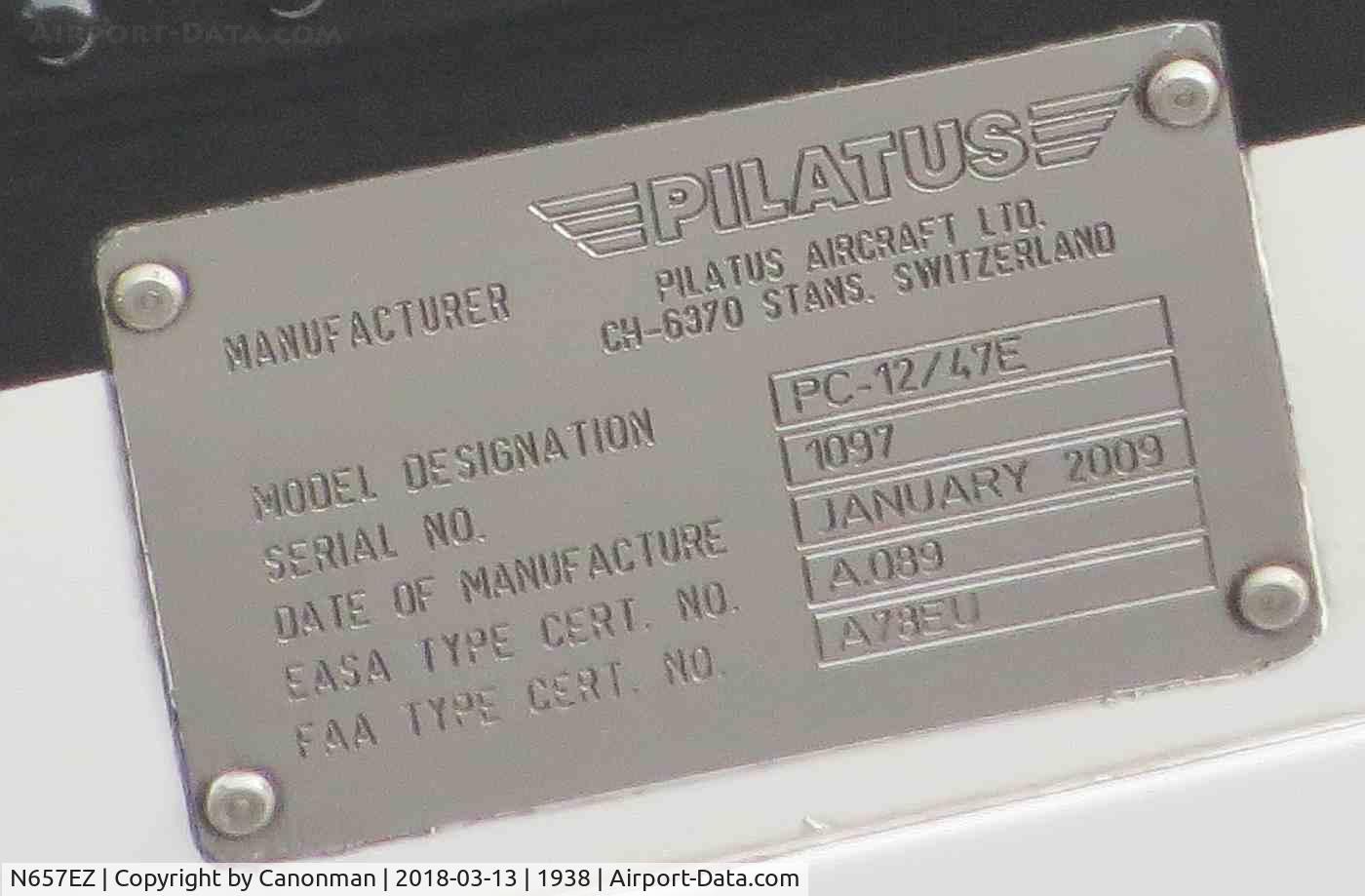 N657EZ, 2009 Pilatus PC-12/47E C/N 1097, Id plate