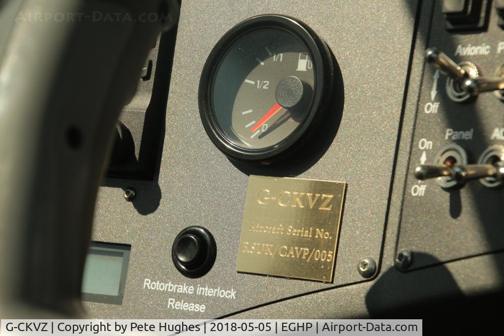 G-CKVZ, 2018 RotorSport UK Cavalon Pro C/N RSUK/CAVP/005, G-CKVZ Cavalon at the Microlight Trade Fair, Popham showing the UK assembly identification (and the registered cn)